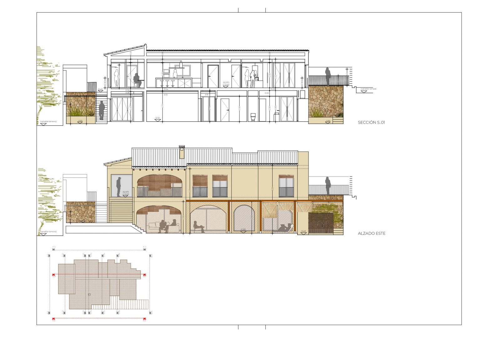 Technical architectural drawing showing the cross-section and east elevation, detailing the two-level layout with Mediterranean arches and natural stone wall features.