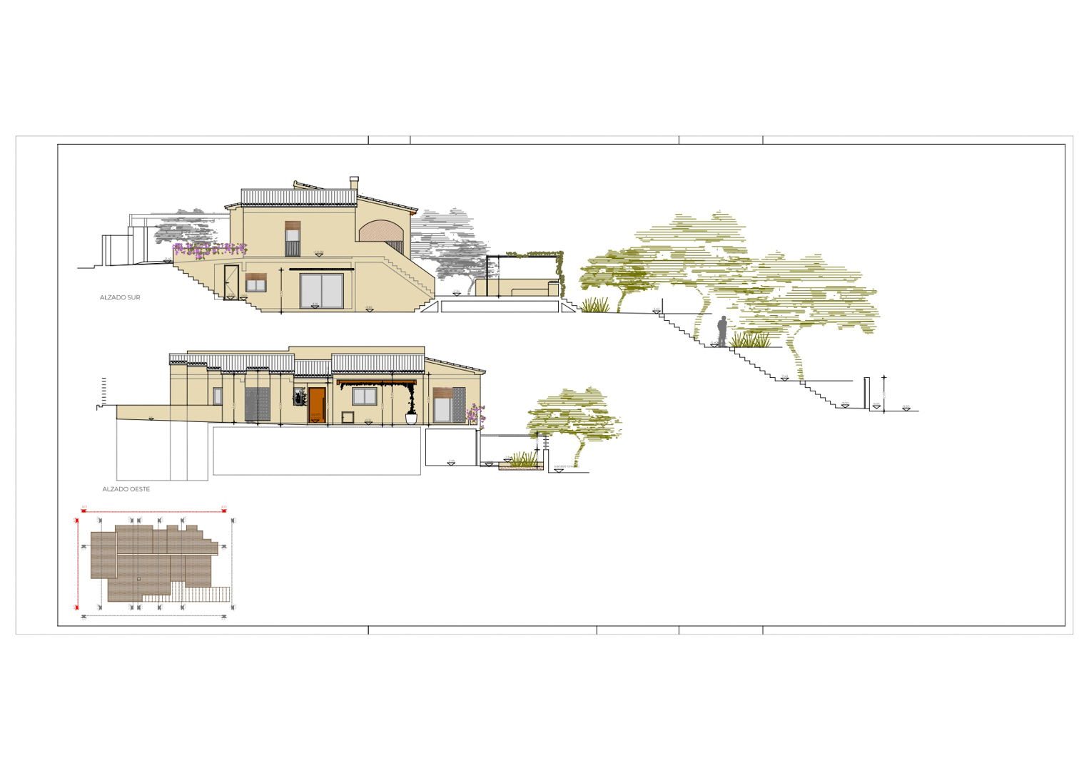 Technical architectural drawings of the south and west elevations, detailing the villa's volume, terraces, and integration into the sloped terrain.