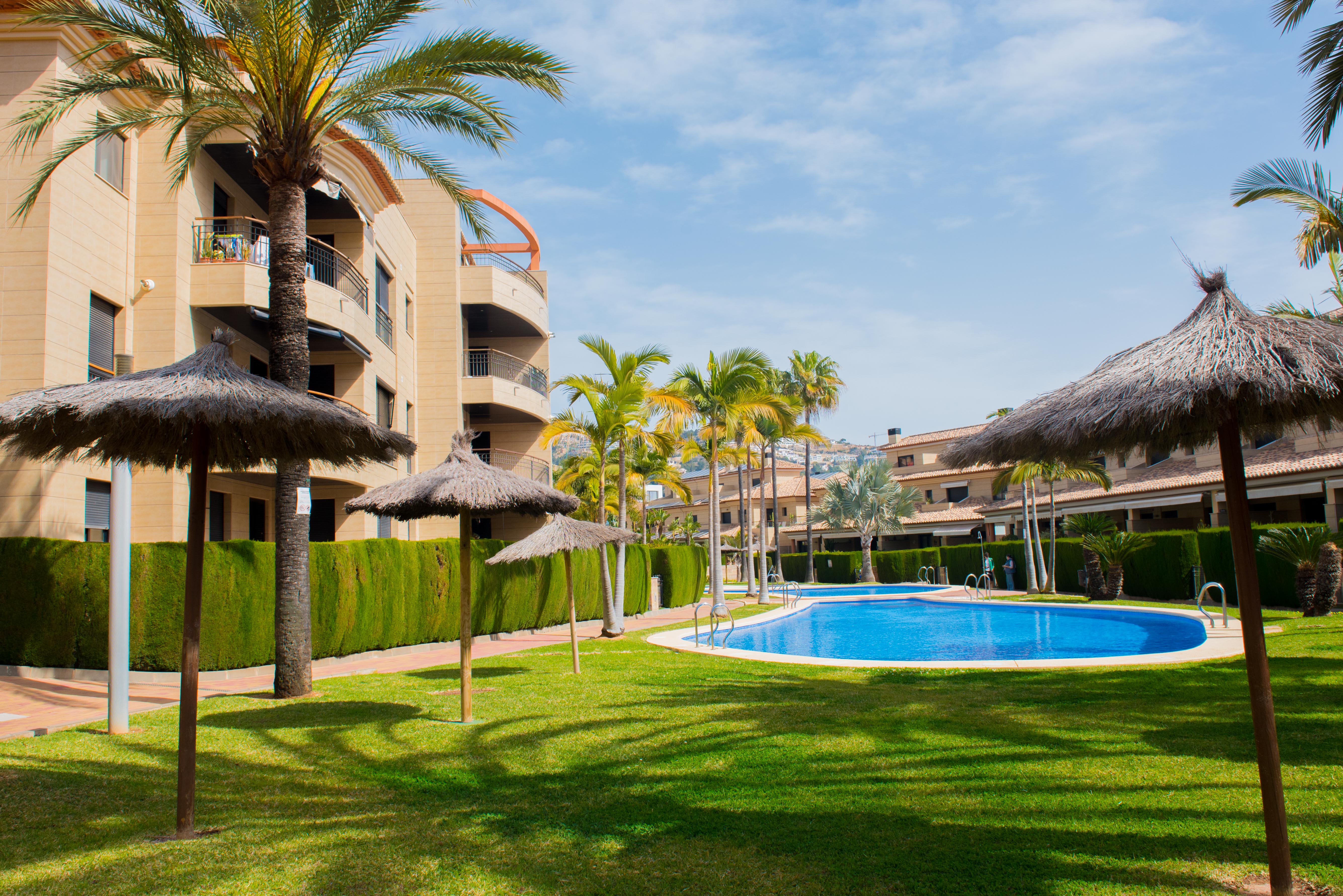 Communal outdoor area featuring a large swimming pool, manicured lawn, thatched umbrellas, and palm trees set against modern apartment blocks.