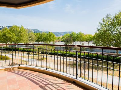 Spacious curved terrace featuring terracotta floor tiles and a metal railing, providing views of green areas and distant mountains under a clear sky.