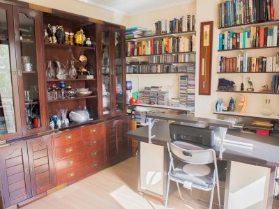Study area featuring a large dark wood display cabinet with glass doors, extensive book and CD shelves, and a modern desk with a printer, bathed in natural light.