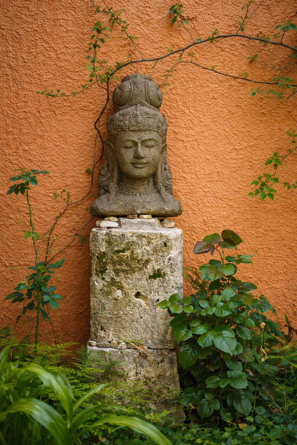 Decorative stone bust resting on a weathered pedestal, set against a terracotta textured wall and surrounded by lush garden foliage.