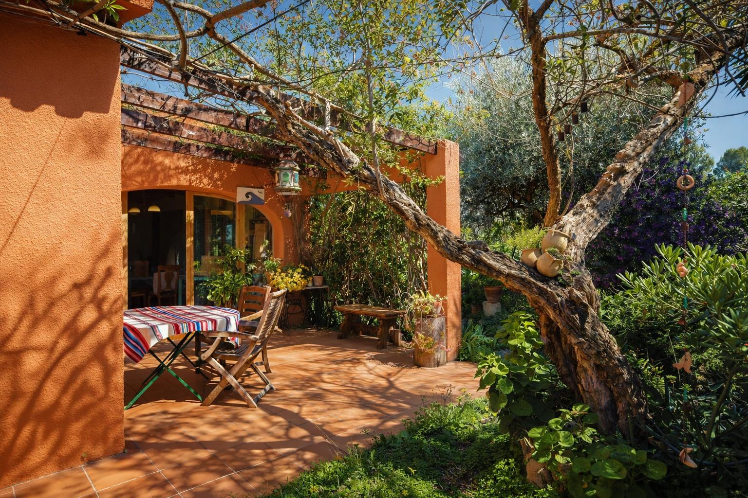 Outdoor terrace featuring terracotta tiling, a wooden pergola with climbing vines, and a mature tree shading the rustic dining area.