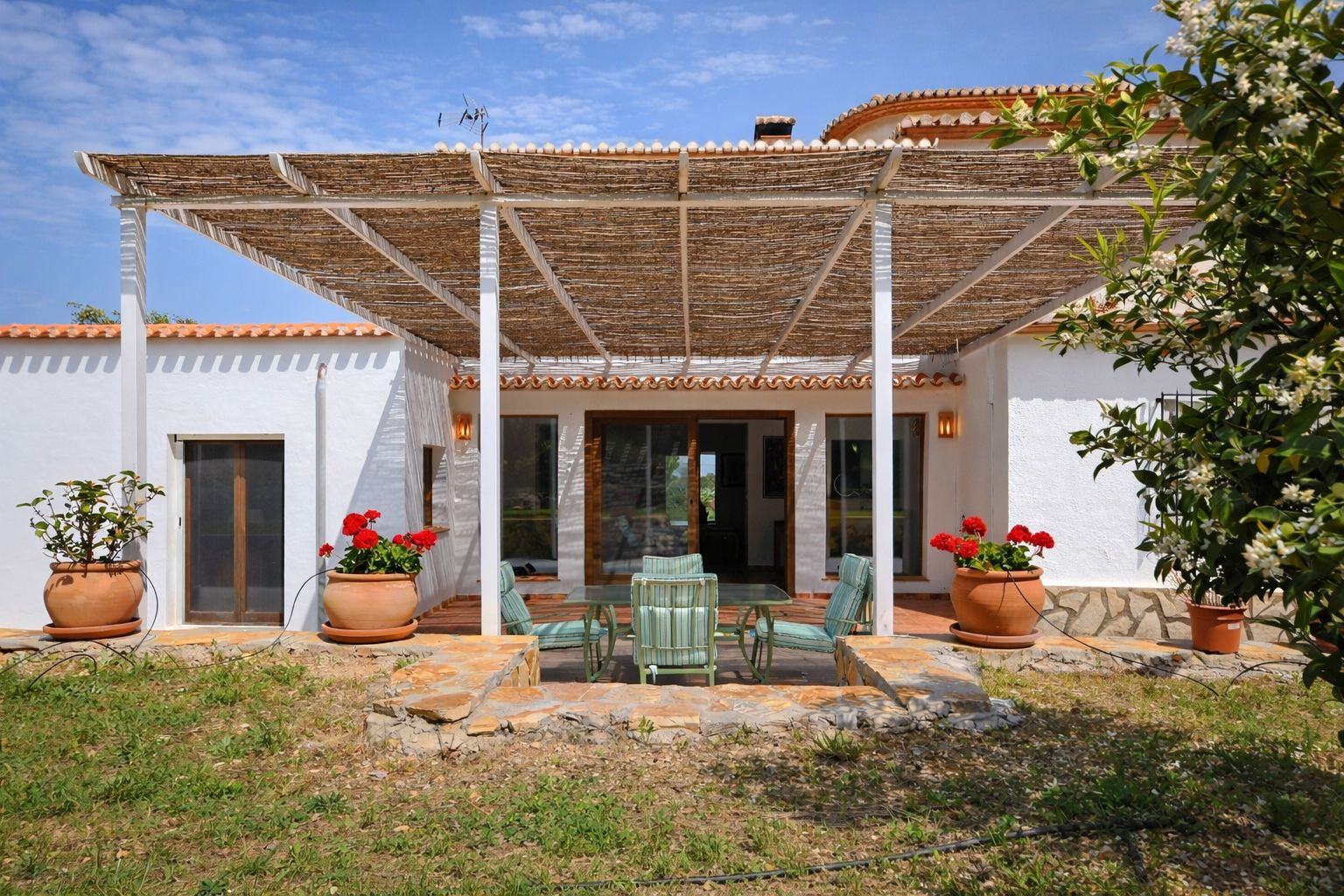 Outdoor terrace featuring a natural reed pergola, garden dining set, and terracotta planters with red flowers against a white villa facade.