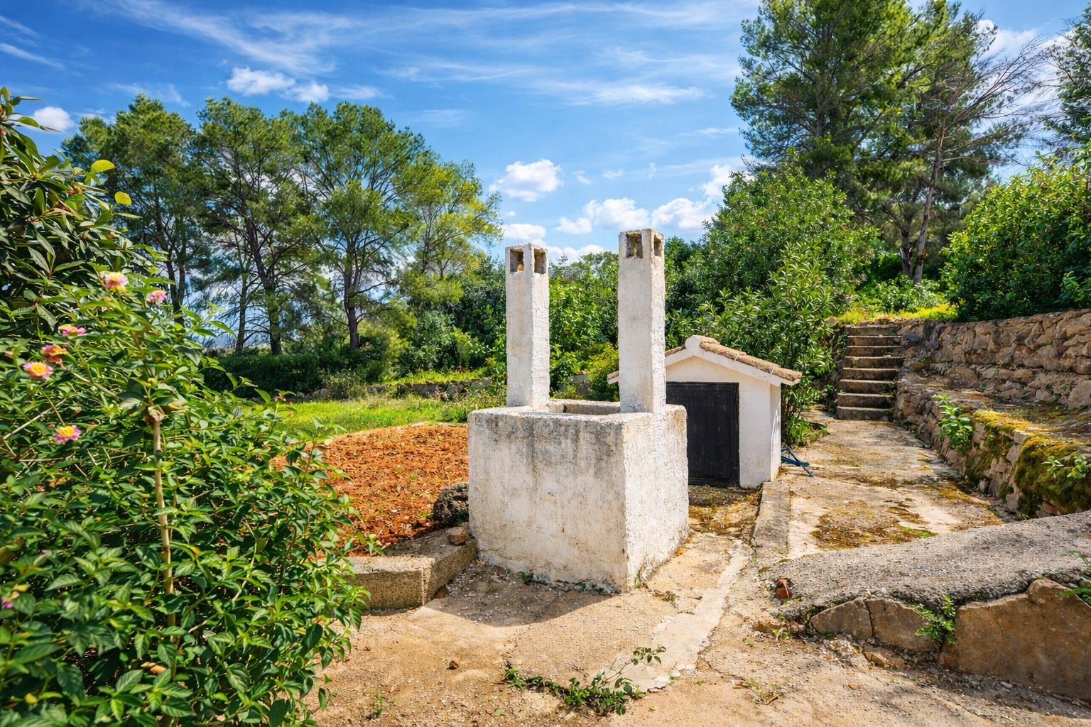 Rustic outdoor area featuring a whitewashed masonry barbecue with twin chimneys, stone steps, and terraced gardens set against a backdrop of mature pine trees.