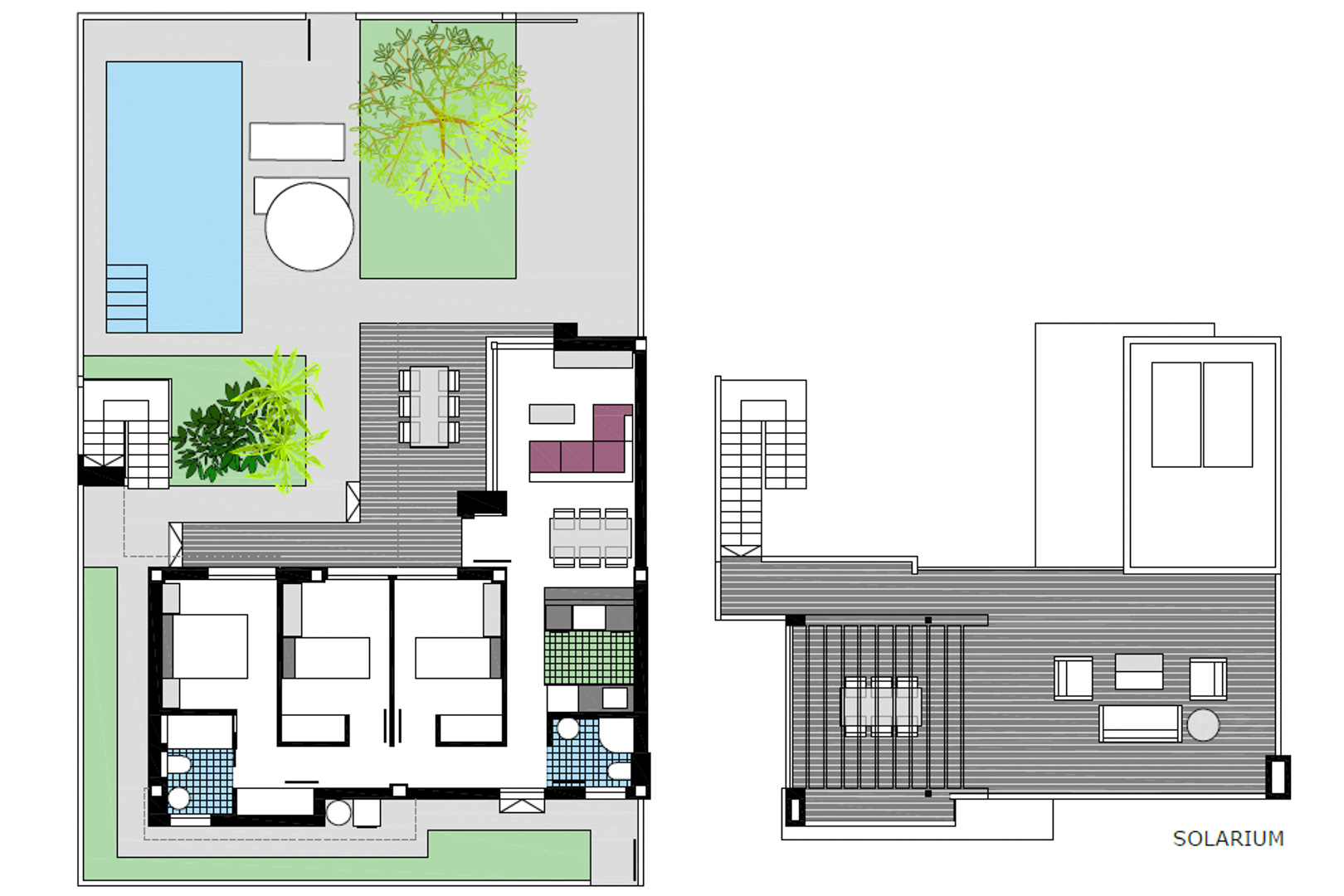Detailed floor plan illustrating the 3-bedroom layout, open-plan living area, and a spacious rooftop solarium featuring a pergola and lounge zones.