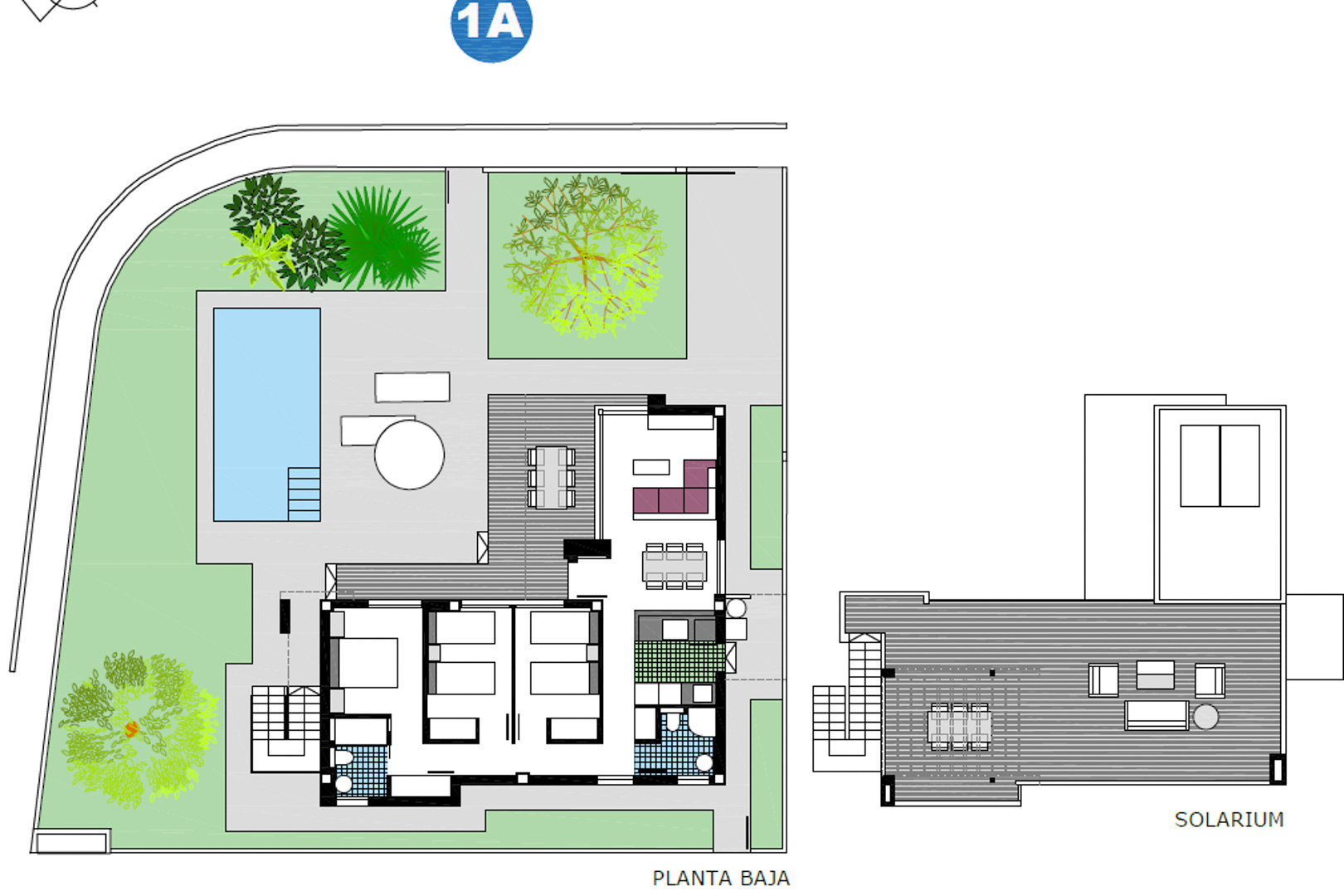 Detailed floor plan of the ground floor and solarium, illustrating the three-bedroom layout, open-plan living area, and landscaped garden with pool.