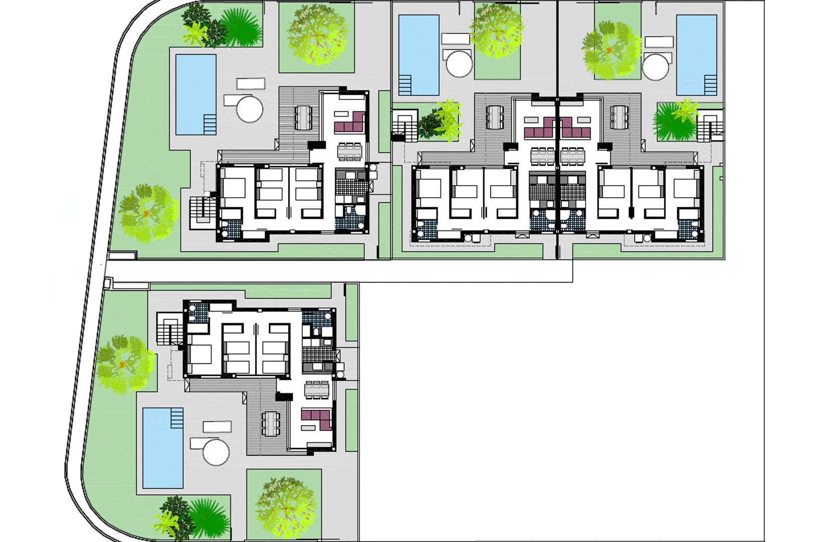Detailed site plan showing the layout of four residential units, highlighting private garden plots, swimming pools, and internal floor plan configurations.