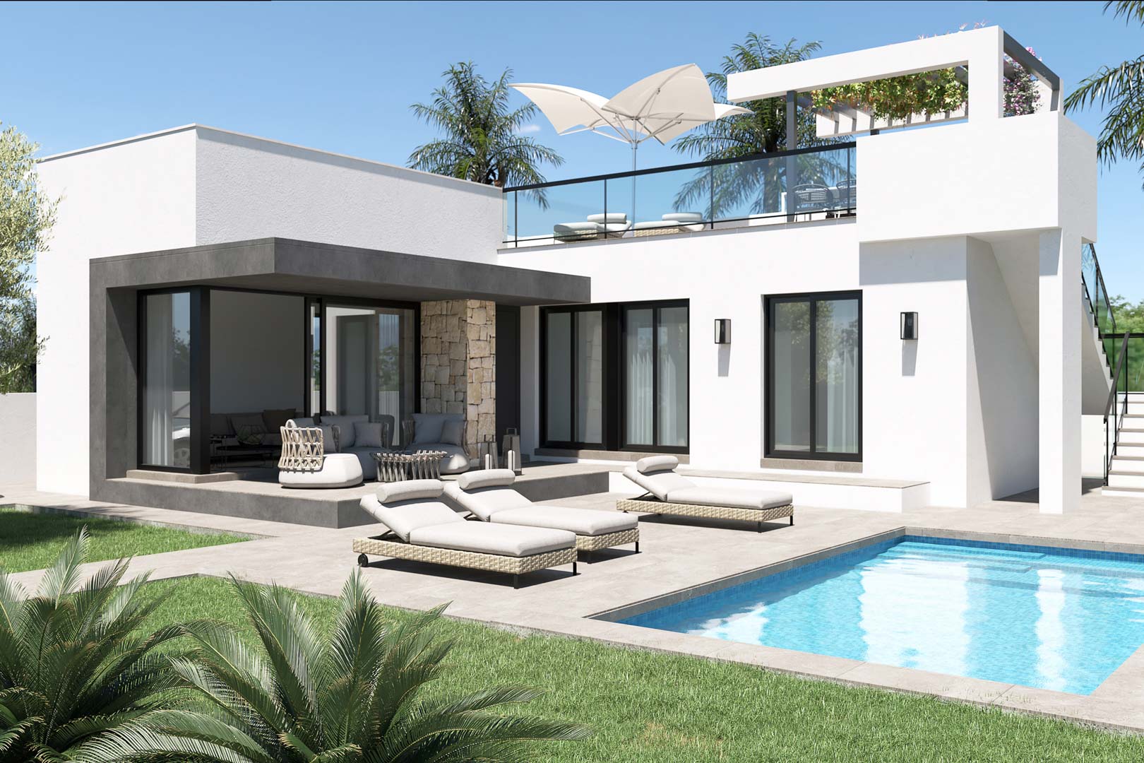 Modern villa exterior featuring a private pool, tiled terrace, covered lounge area with stone accents, and an upper solarium with glass railings.