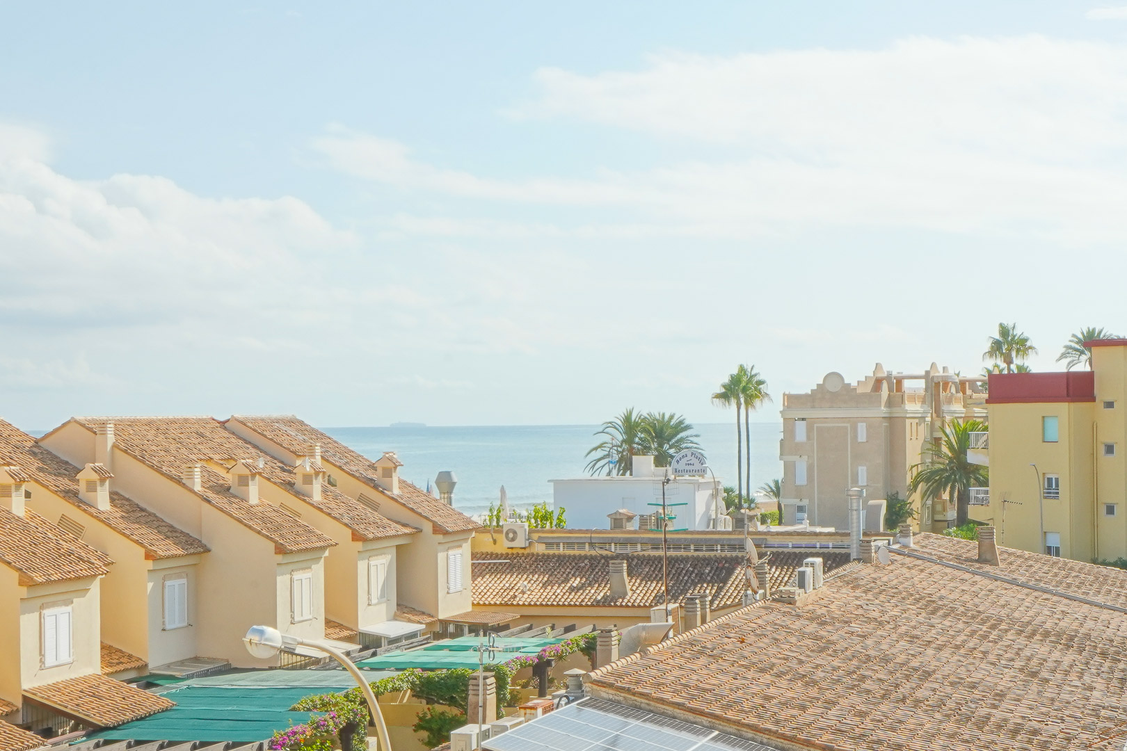Elevated view of Mediterranean rooftops with terracotta tiles and palm trees, overlooking the calm sea on the horizon under a bright sky.