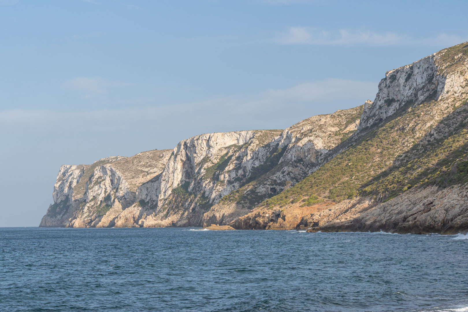 Panoramic view of rugged limestone cliffs meeting the Mediterranean Sea, featuring natural rock formations and sparse coastal vegetation under a clear sky.