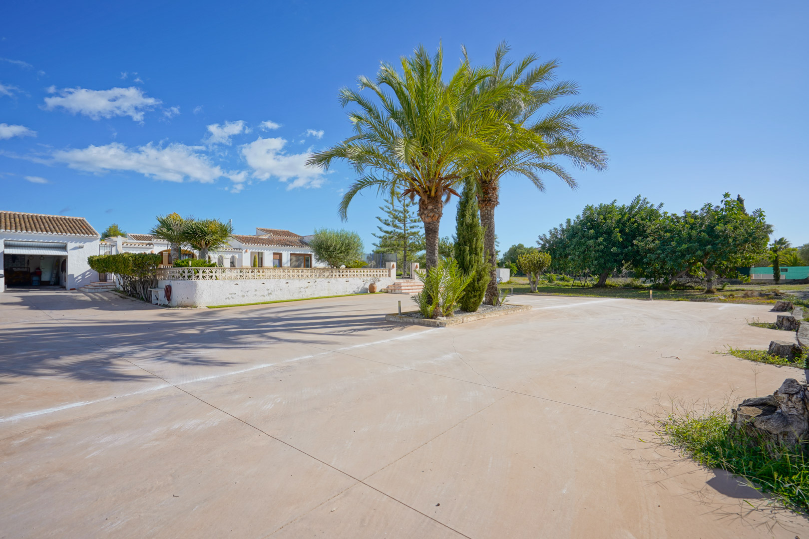 Spacious paved driveway featuring central palm trees, providing direct access to the garage and the white Mediterranean-style villa.