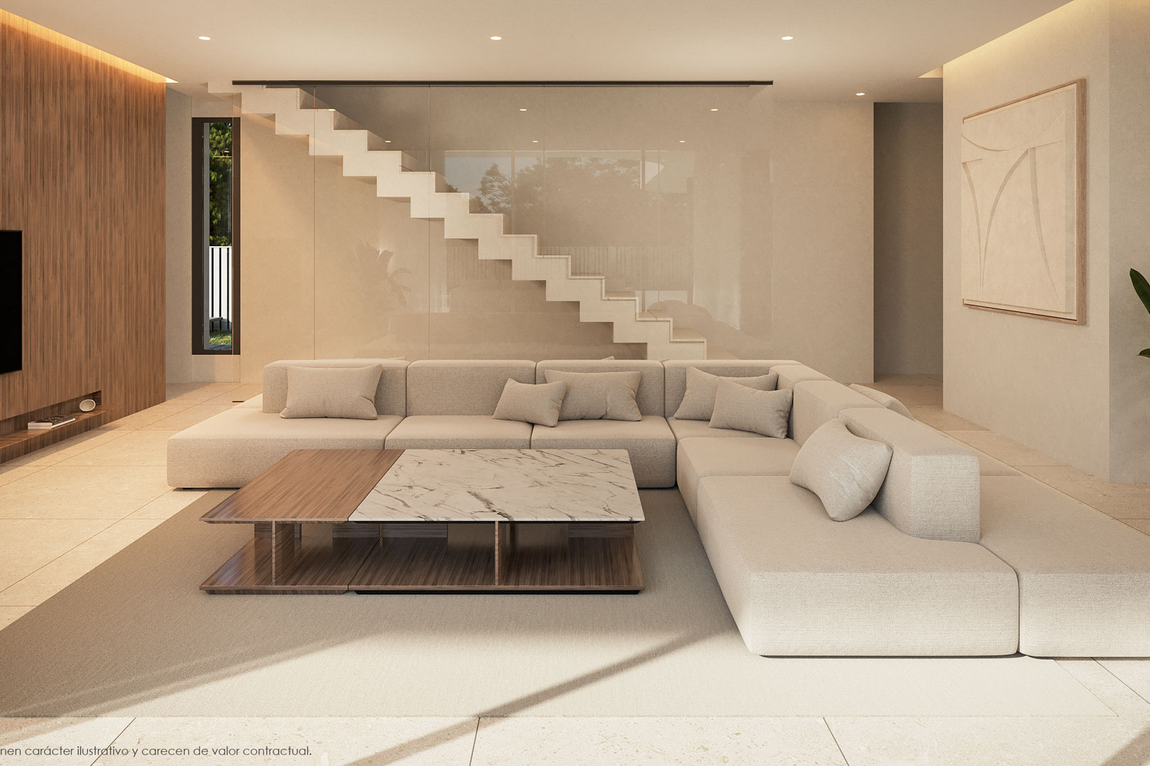 Designer living area featuring a modular sofa, marble and wood coffee table, and a minimalist floating staircase behind a sleek glass partition.