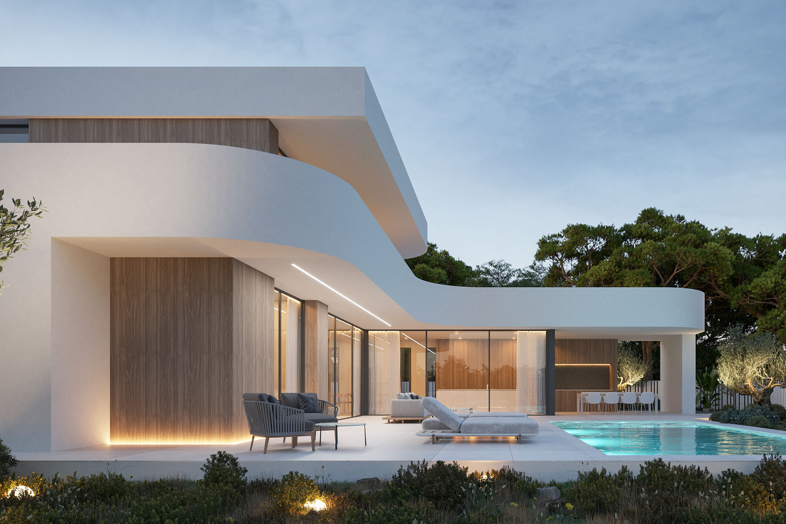 Modern villa exterior featuring curved architectural lines, wood paneling, and an illuminated pool area integrated with a spacious terrace and floor-to-ceiling windows.