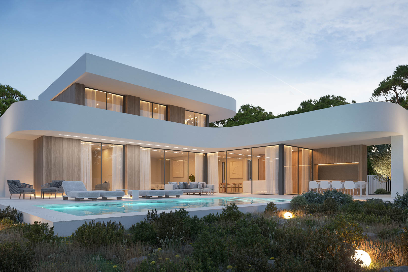 Modern villa exterior showcasing a white curved facade, wood paneling, an infinity pool, and integrated LED lighting across the lounge and dining areas.