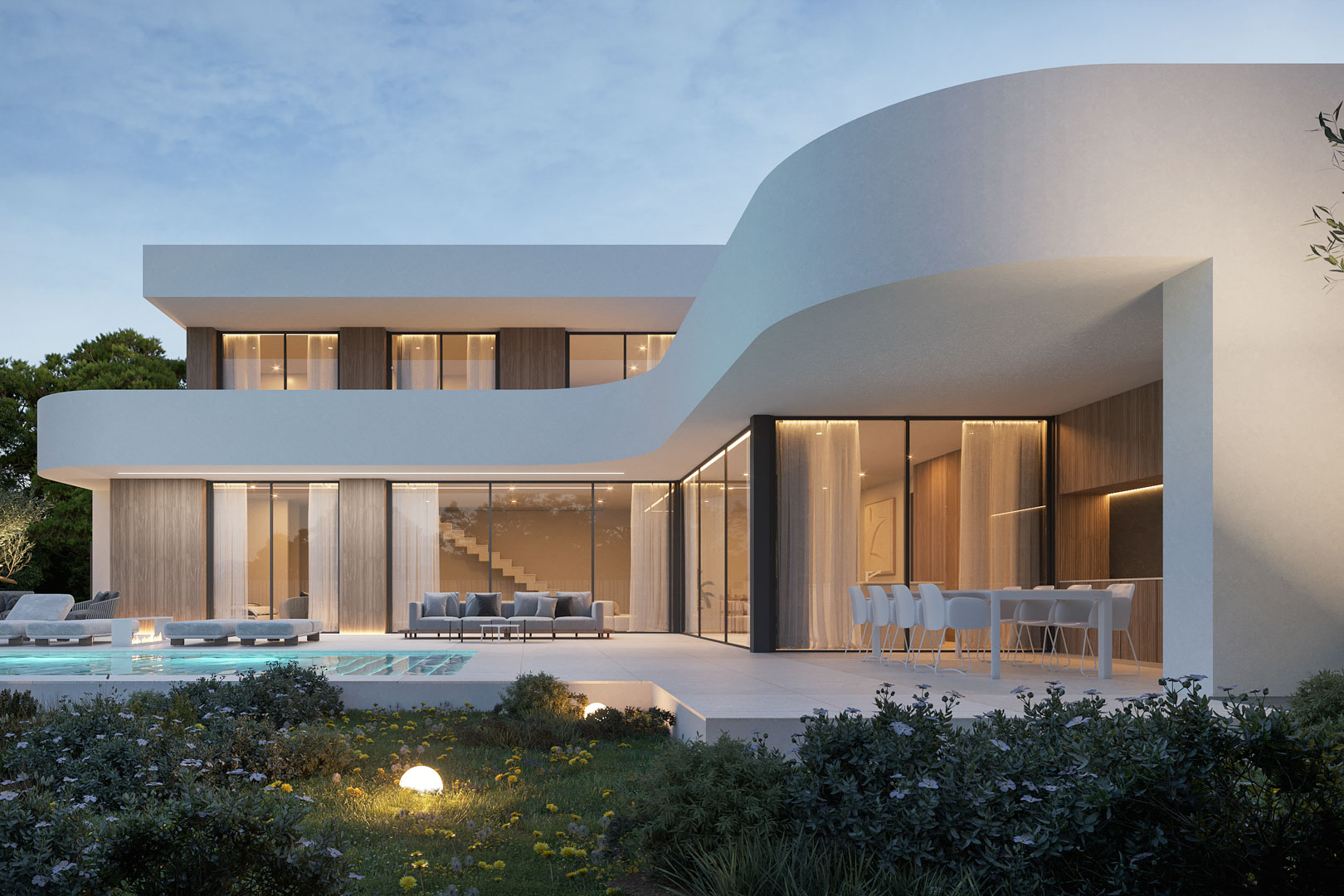 Modern villa featuring curved architectural lines, floor-to-ceiling glass walls, a porcelain terrace with lounge furniture, and an illuminated pool area.