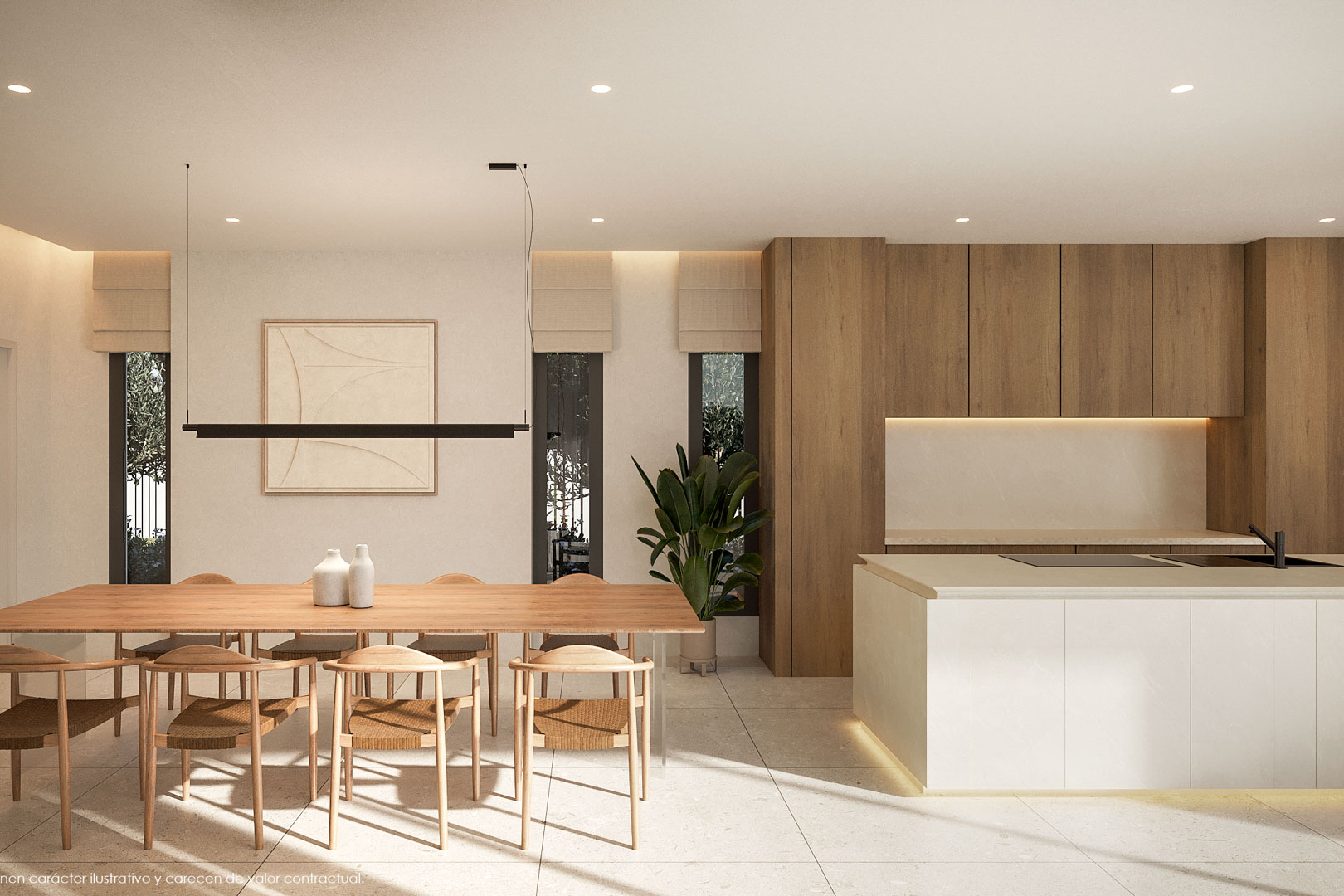 Open-plan dining area and kitchen featuring a natural wood table, designer chairs, and a minimalist white island. Includes oak cabinetry and recessed ambient lighting.