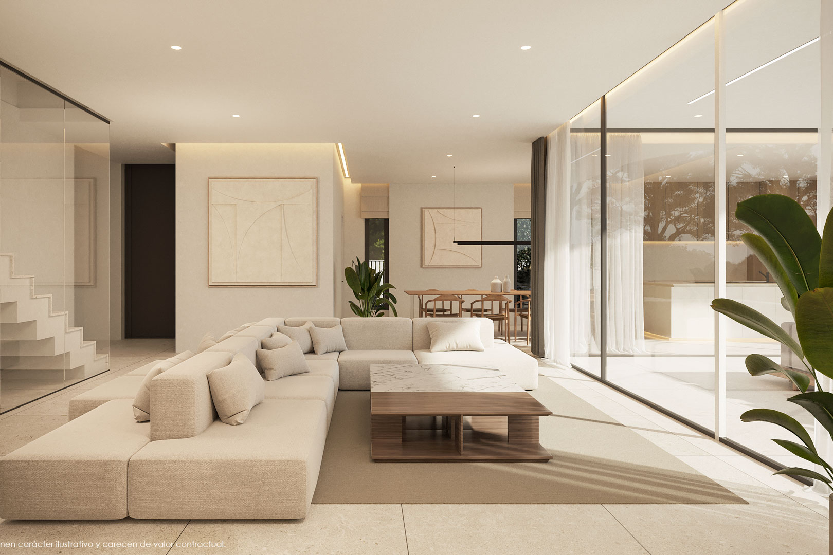 Open-plan living area featuring a modular sofa, floor-to-ceiling glass walls, and a minimalist staircase with a glass balustrade for a seamless flow.
