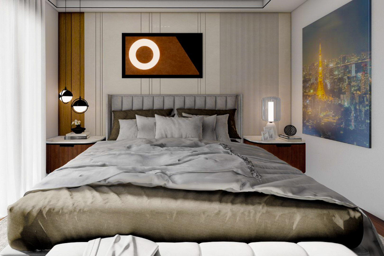 Bedroom featuring a gray upholstered headboard, neutral-toned bedding, and minimalist decor.