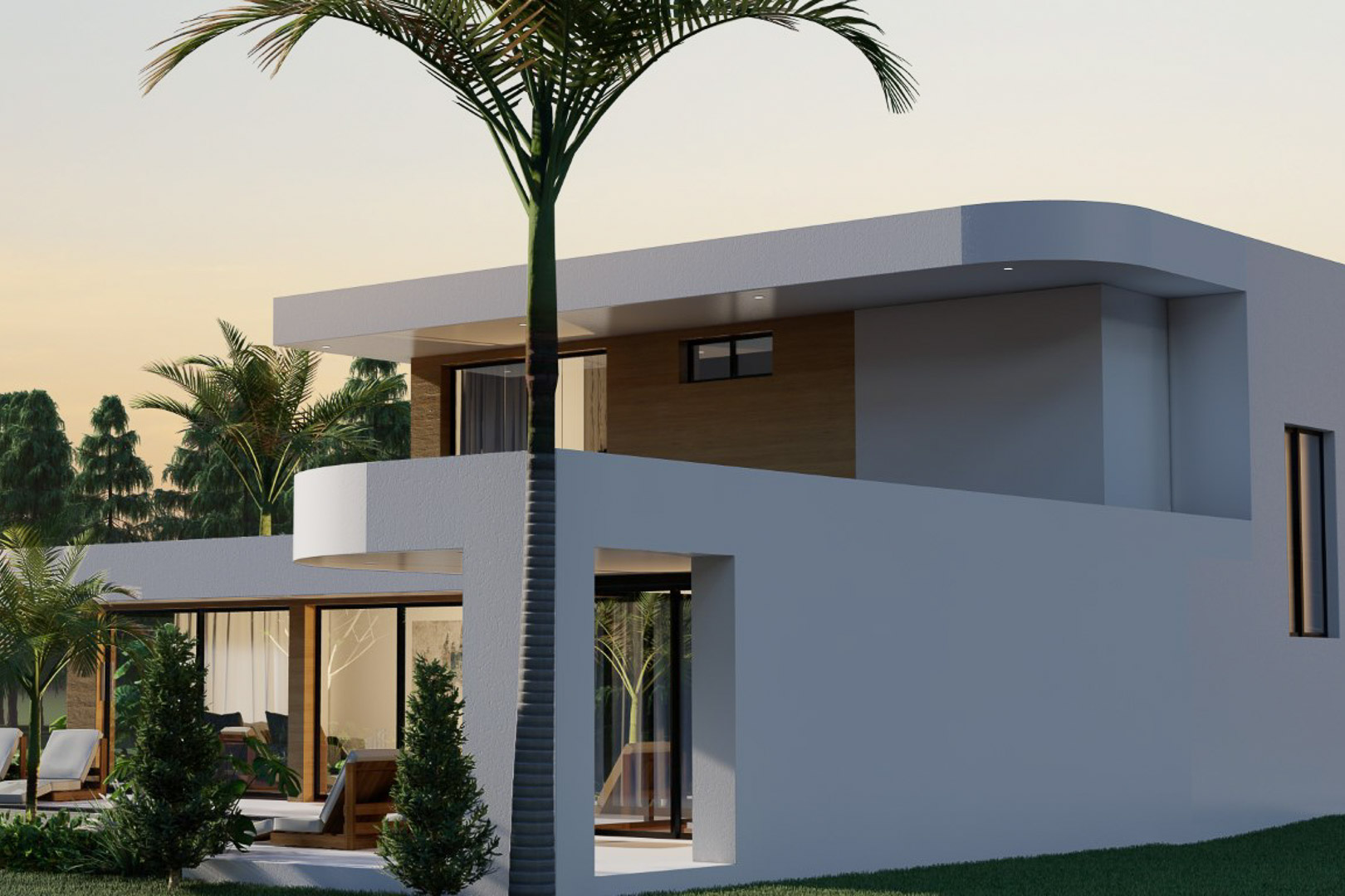 Exterior view of the modern villa featuring a white facade with wood accents, surrounded by tropical greenery.