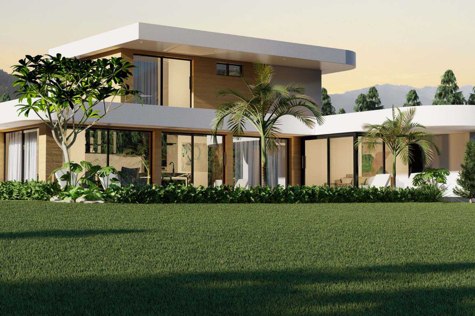 Exterior view of the modern villa featuring expansive glass windows and a lush garden.