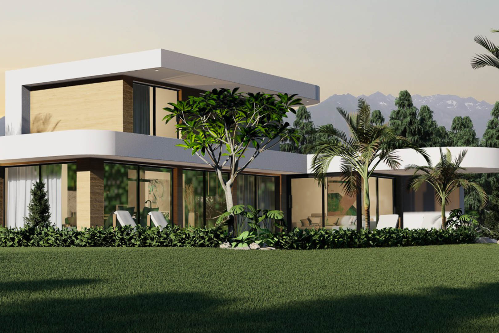 Exterior view of the modern villa featuring large windows, a garden, and lush greenery.