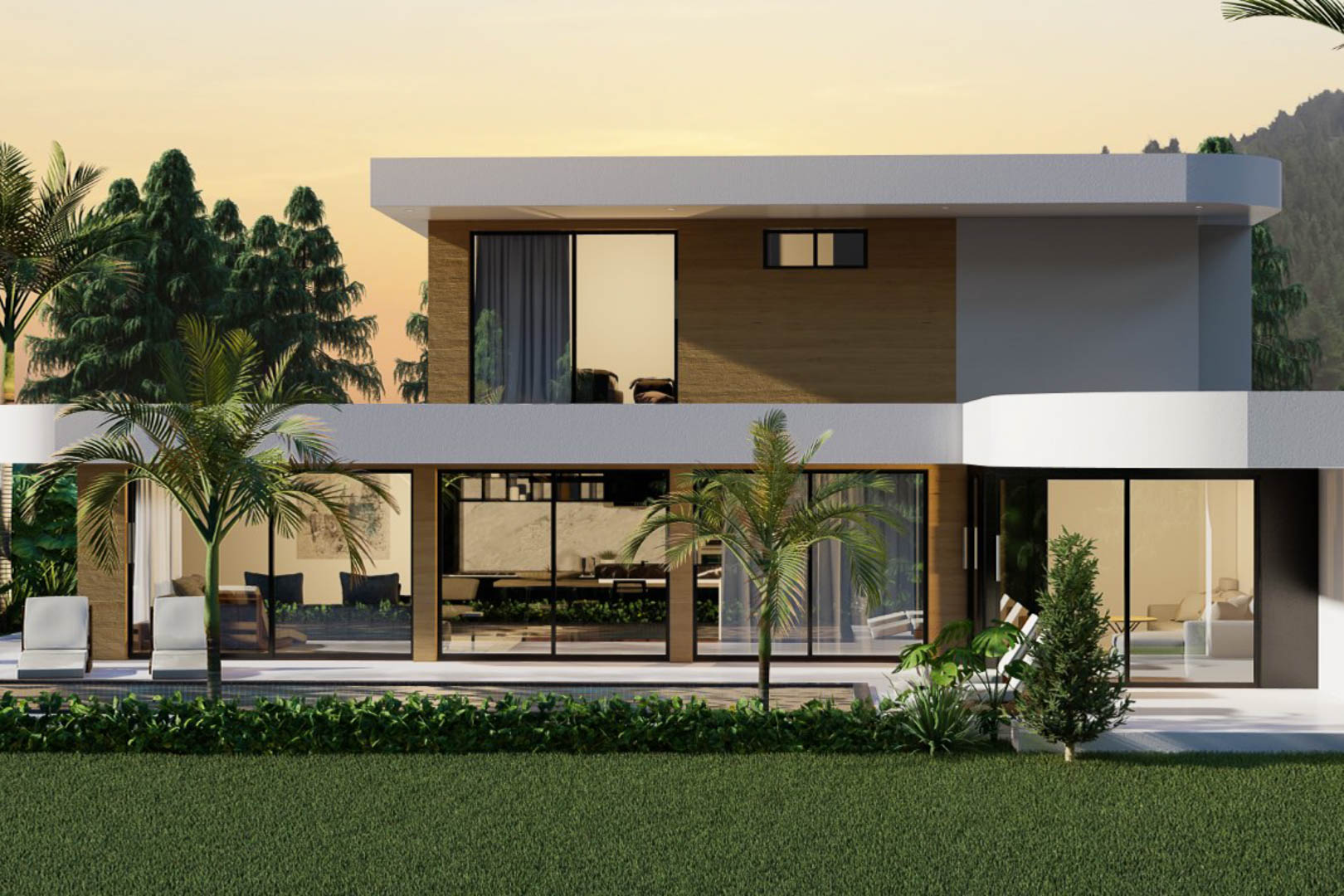 Exterior view of the modern villa featuring large windows and a garden with a pool.