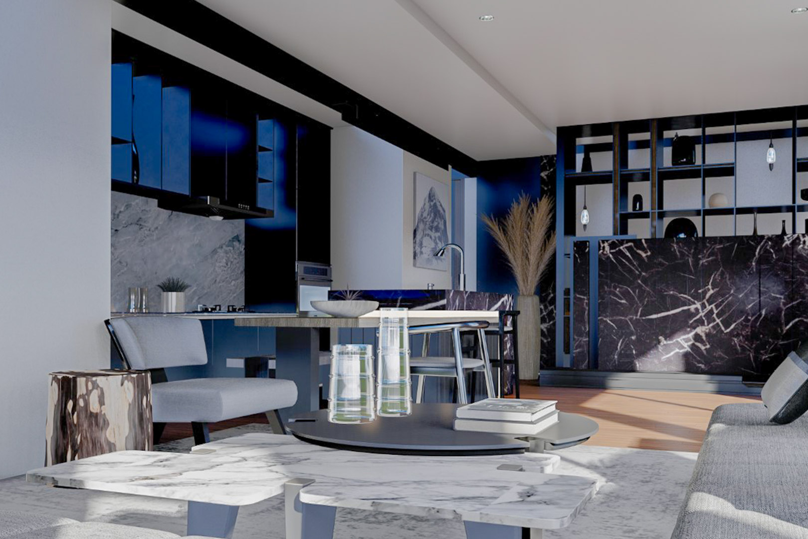 Living room view with open kitchen, highlighting the marble island and blue-toned furniture.
