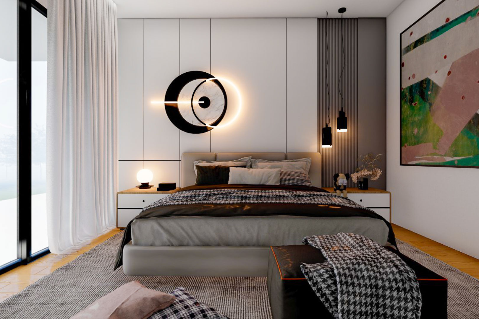 Master bedroom featuring a paneled headboard, pendant lights, and abstract artwork.