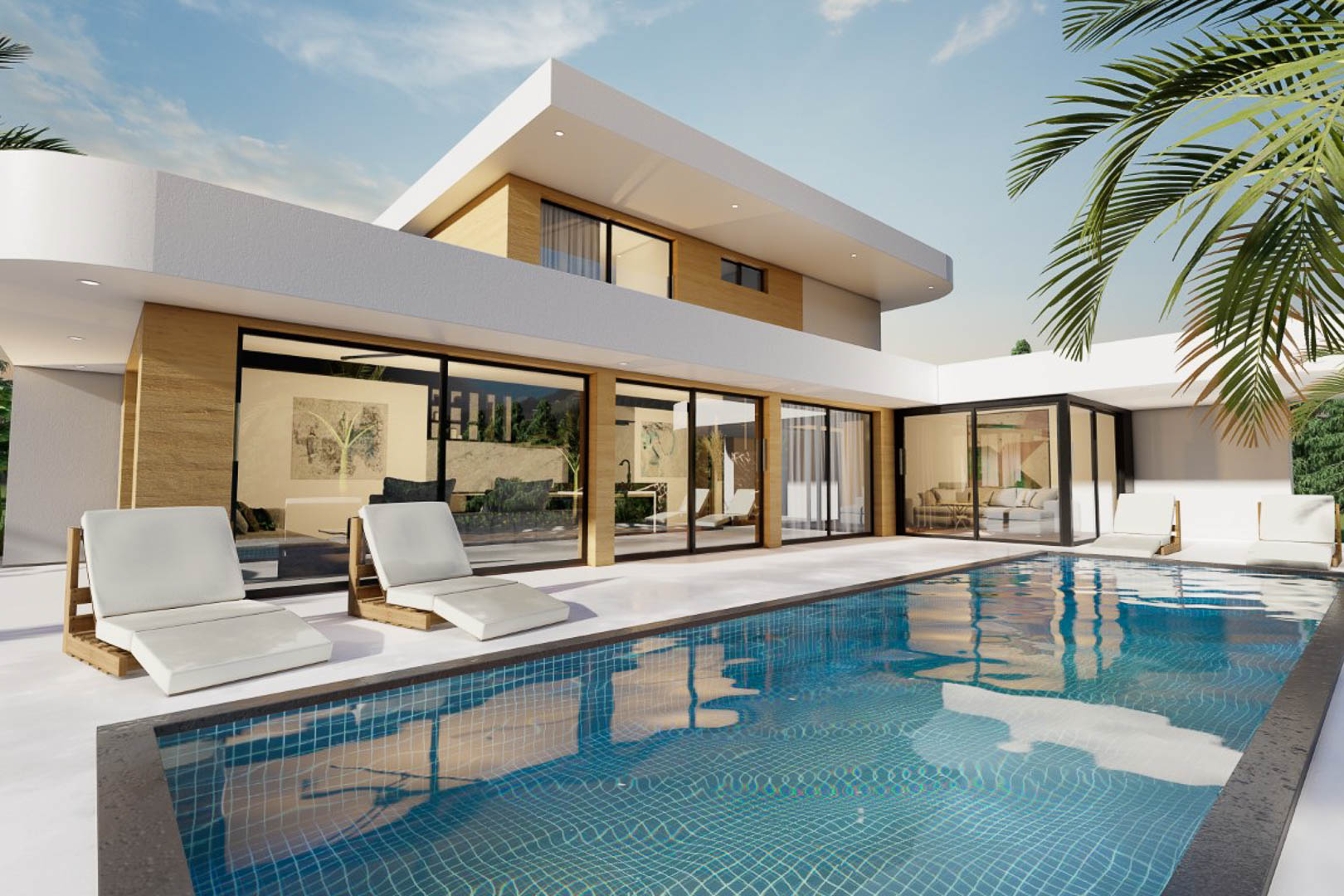 Pool view with blue mosaic tiles and lounge chairs facing the modern design villa with expansive windows.