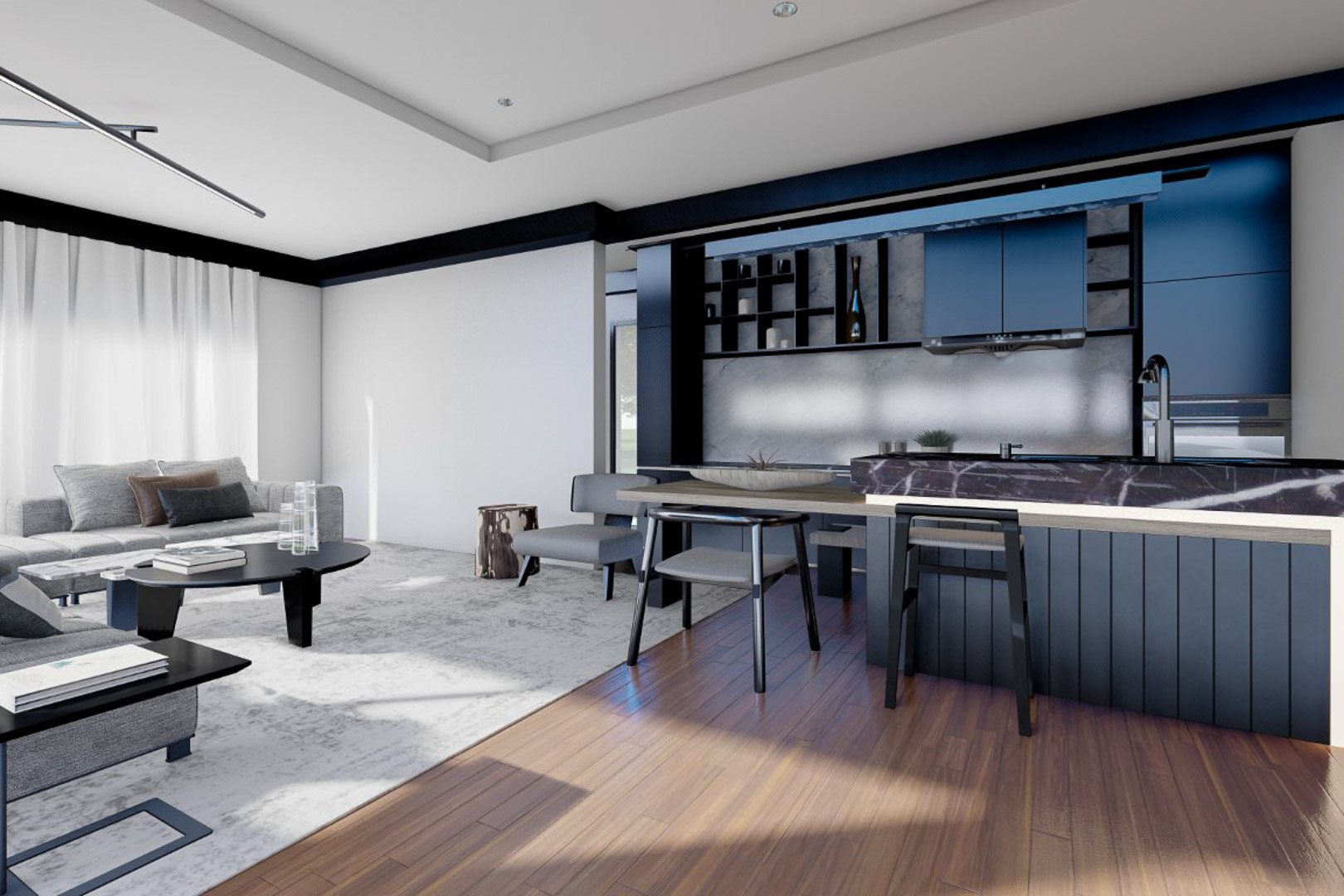 View of the living-dining area with open kitchen. The island has a veined marble countertop and gray stools.