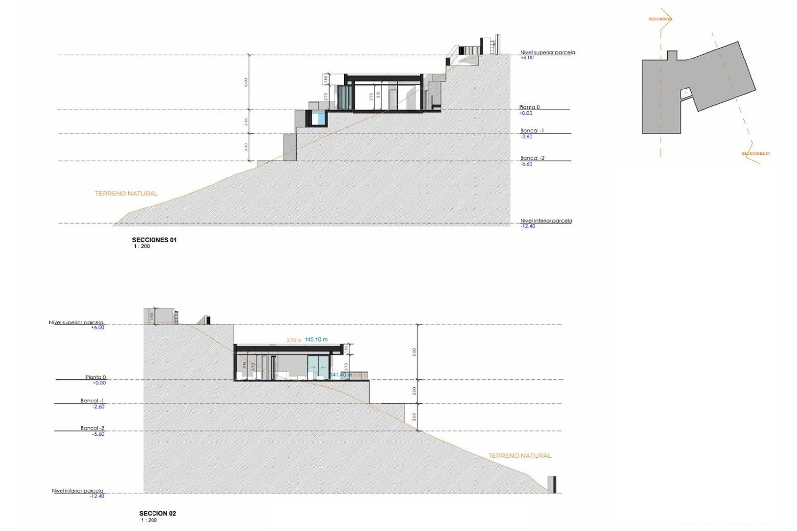 Architectural section drawings detailing the villa's integration into the natural slope, showing various terrace levels and precise elevation measurements.