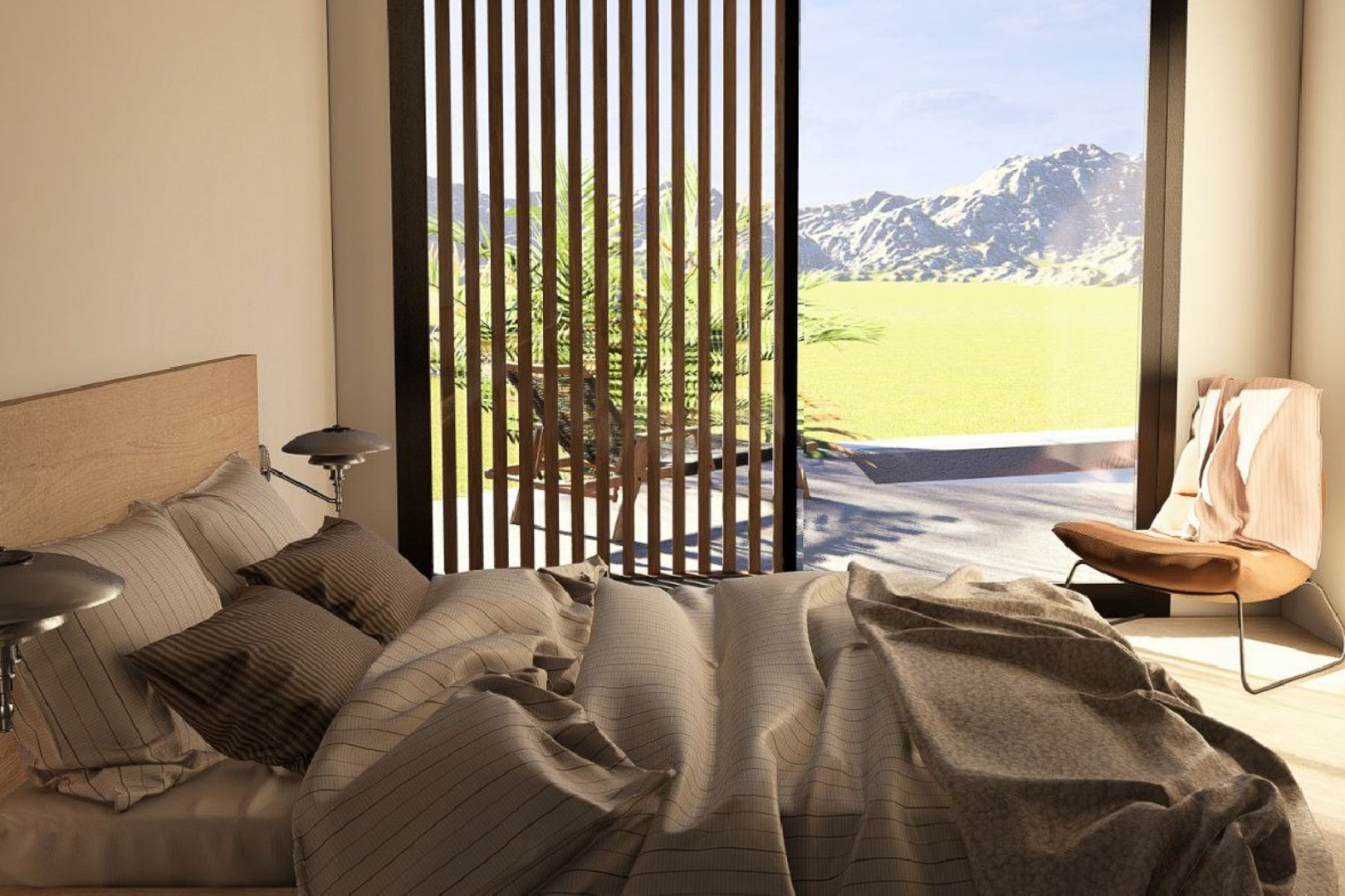 Bright bedroom featuring floor-to-ceiling glass doors with wooden slats, offering direct terrace access and expansive mountain views.