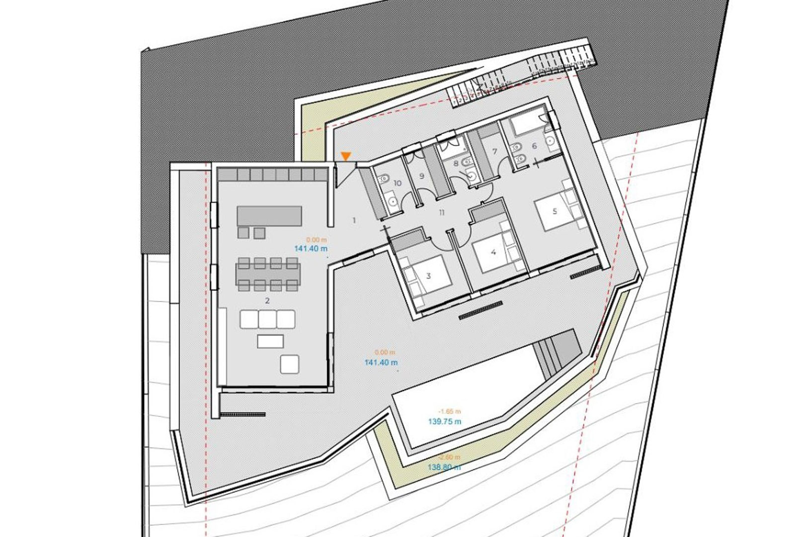 Detailed architectural floor plan illustrating the open-plan living area, three bedrooms, two bathrooms, and the expansive terrace with an integrated swimming pool.
