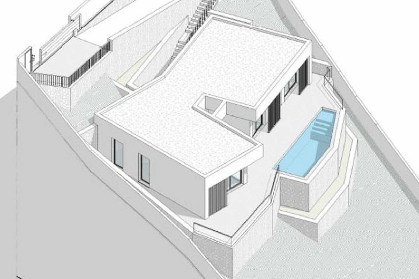 Isometric architectural rendering showing the modern villa's layout, featuring a flat roof design, terraced stone walls, and an integrated swimming pool.