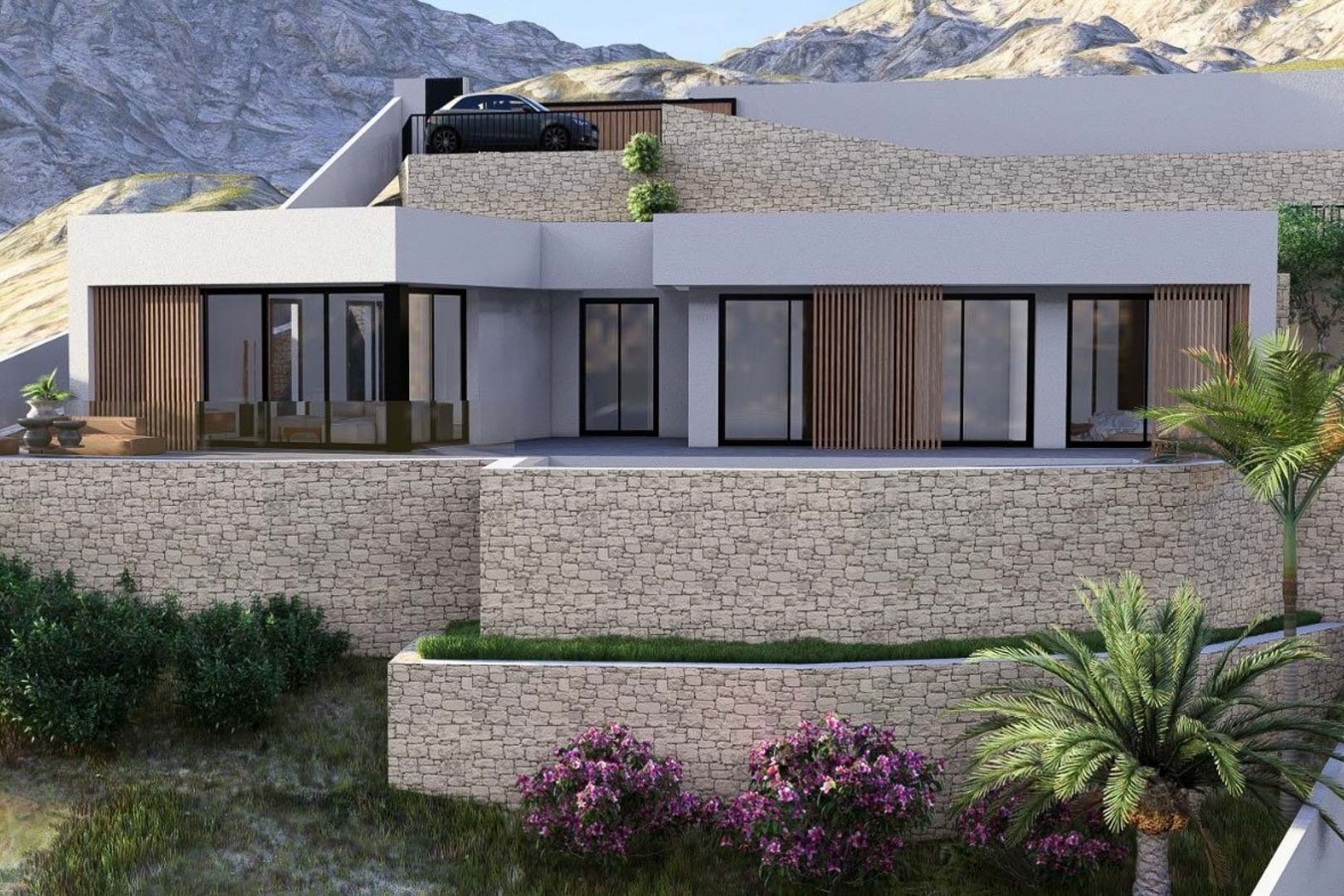 Modern architectural exterior featuring dry stone walls, vertical wooden louvers, and floor-to-ceiling windows integrated into the mountain landscape.