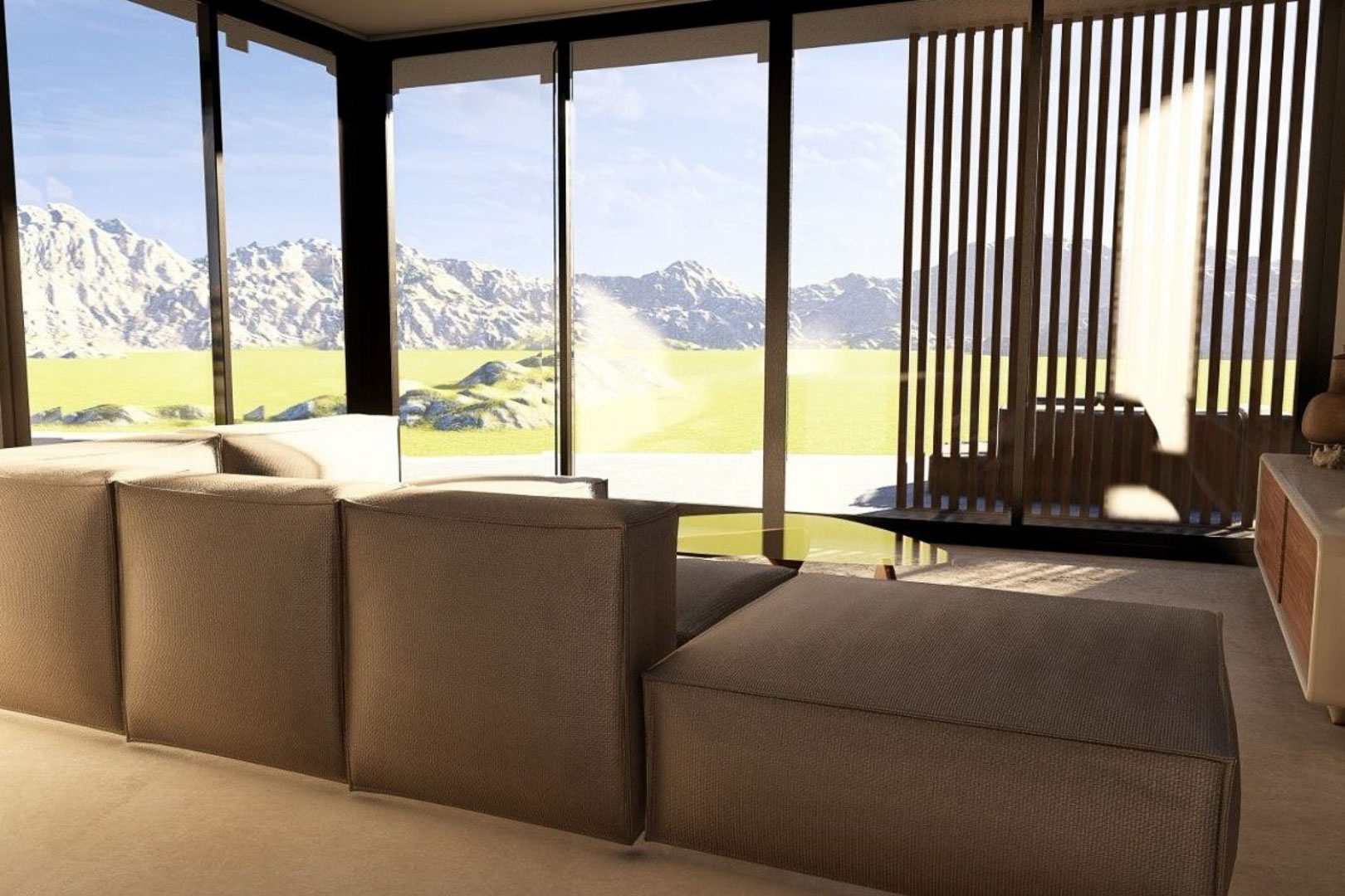 Modern living area featuring a modular sofa and floor-to-ceiling glass walls with mountain views. Vertical wooden slats provide architectural detail and light control.