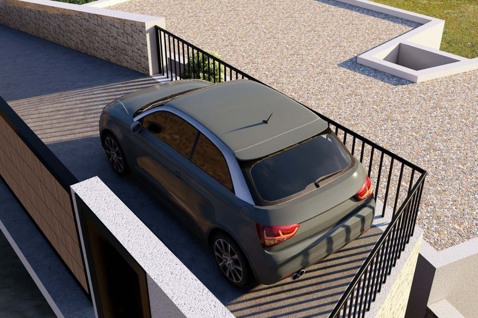 Private parking area featuring concrete paving, secured by a sleek black metal railing and adjacent to natural stone walls.