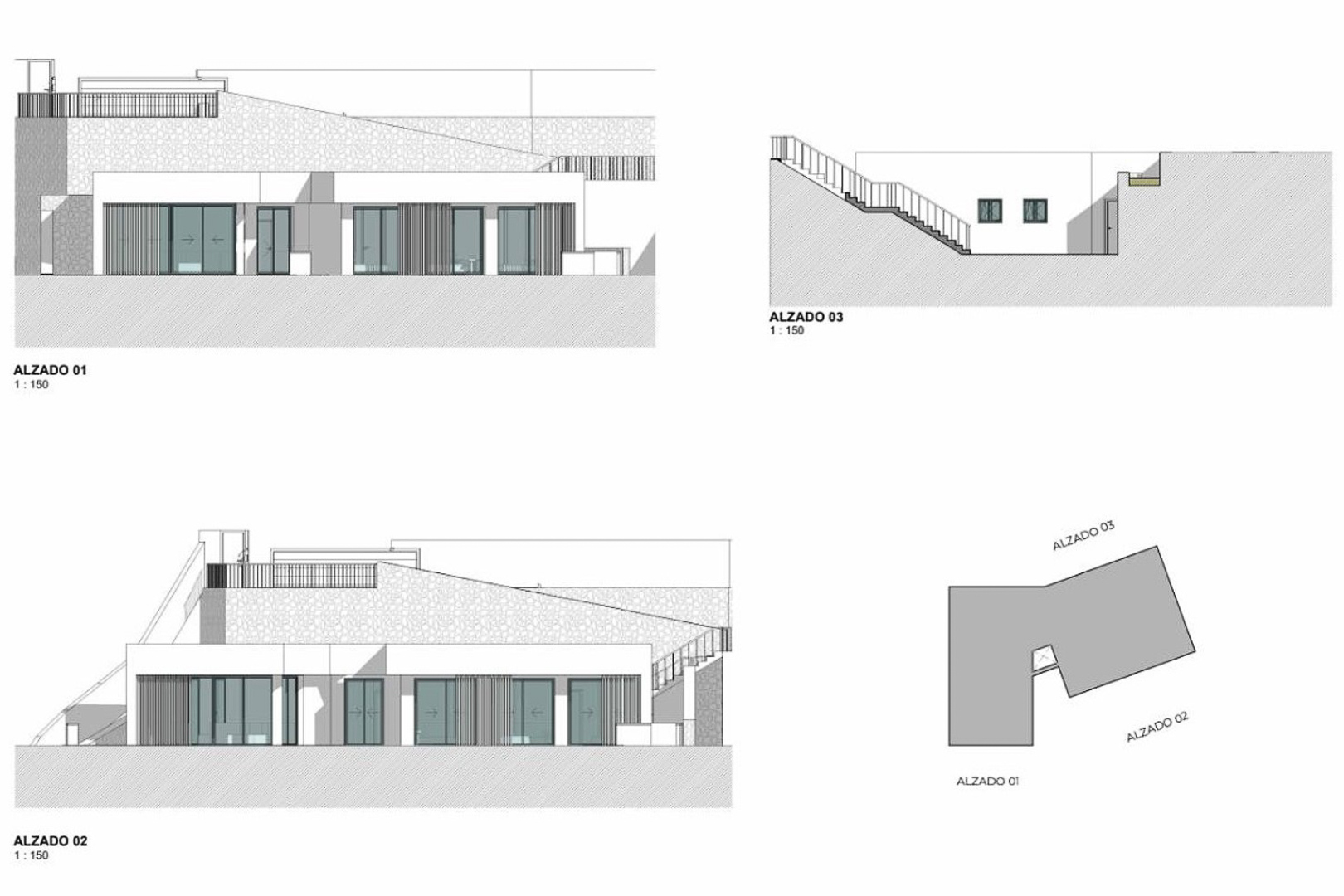 Technical architectural elevations detailing the villa's modern design, featuring expansive glazing, natural stone walls, and seamless integration with the sloping site.