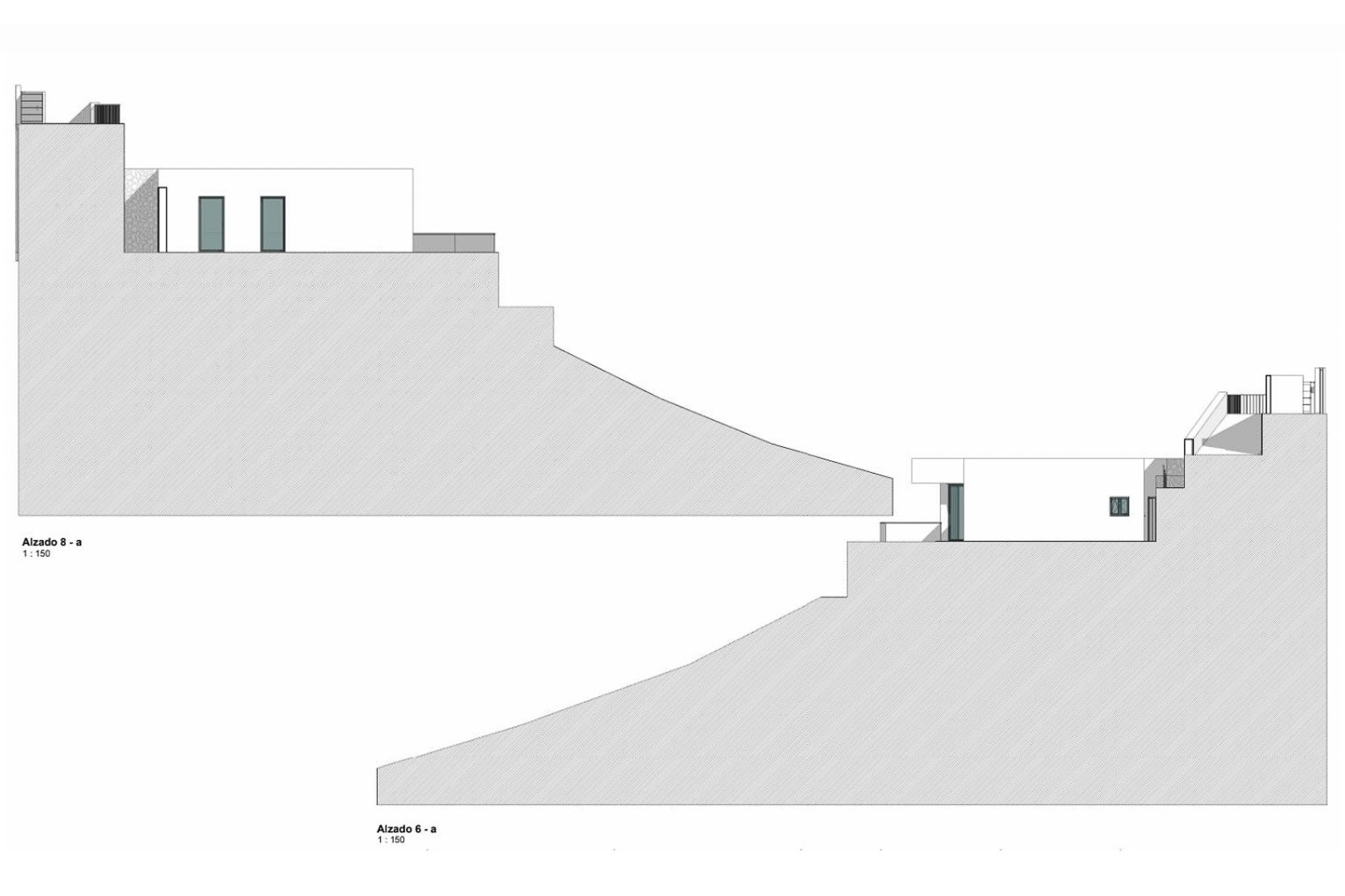Technical elevation drawings illustrating the modern villa's architectural integration within the sloped terrain at a 1:150 scale.