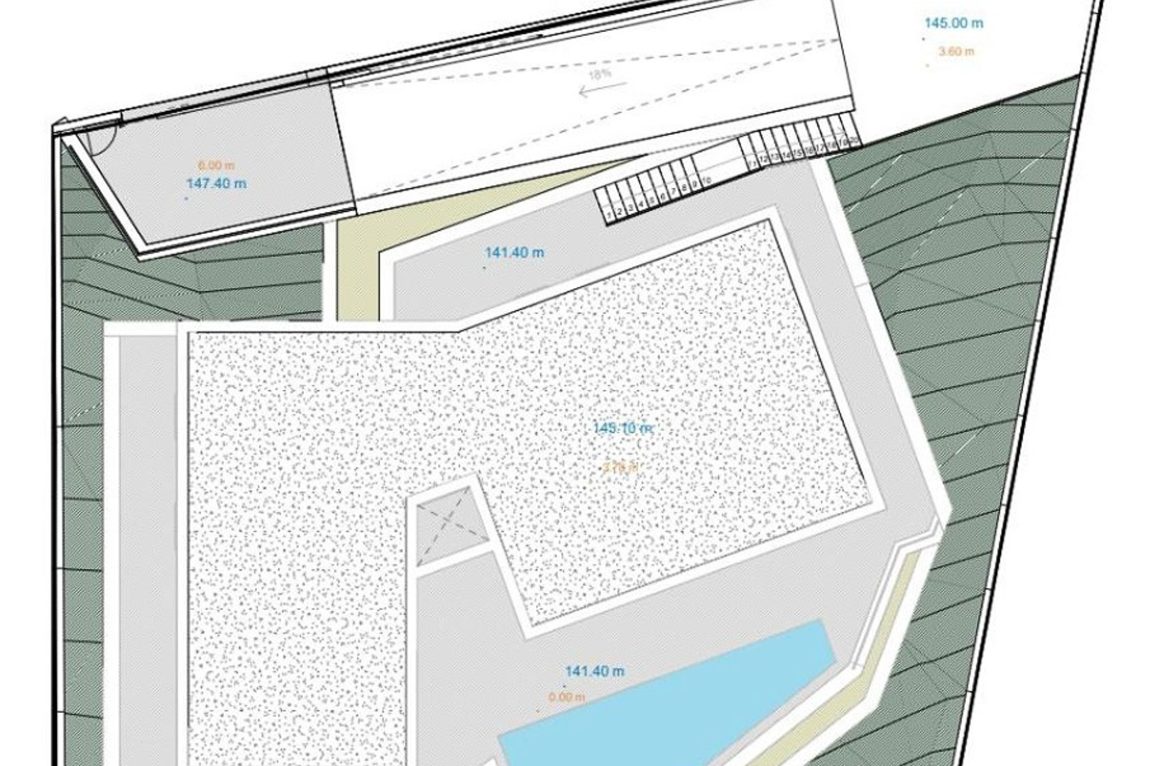 Technical site plan illustrating the villa's footprint, integrated swimming pool, outdoor staircases, and topographical elevation markings.