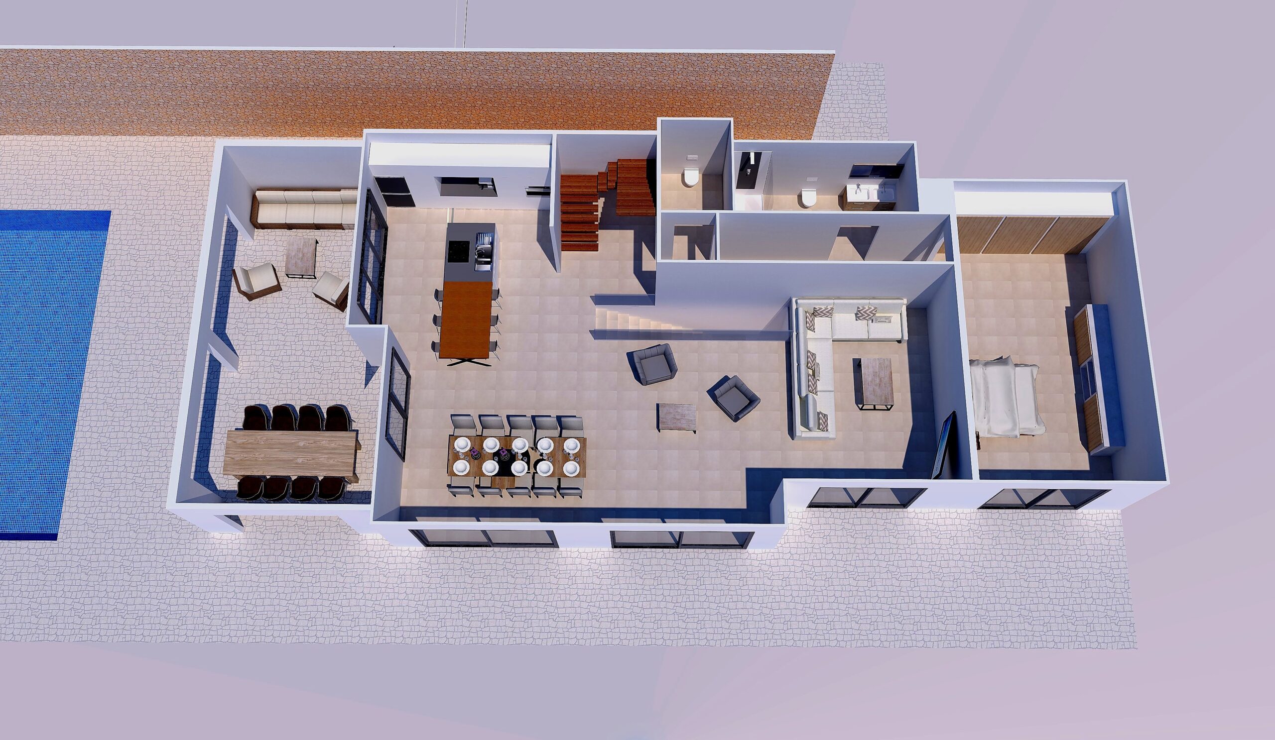 3D aerial view of the main floor featuring an open-concept living area, kitchen with island, master suite, and direct access to the pool terrace.