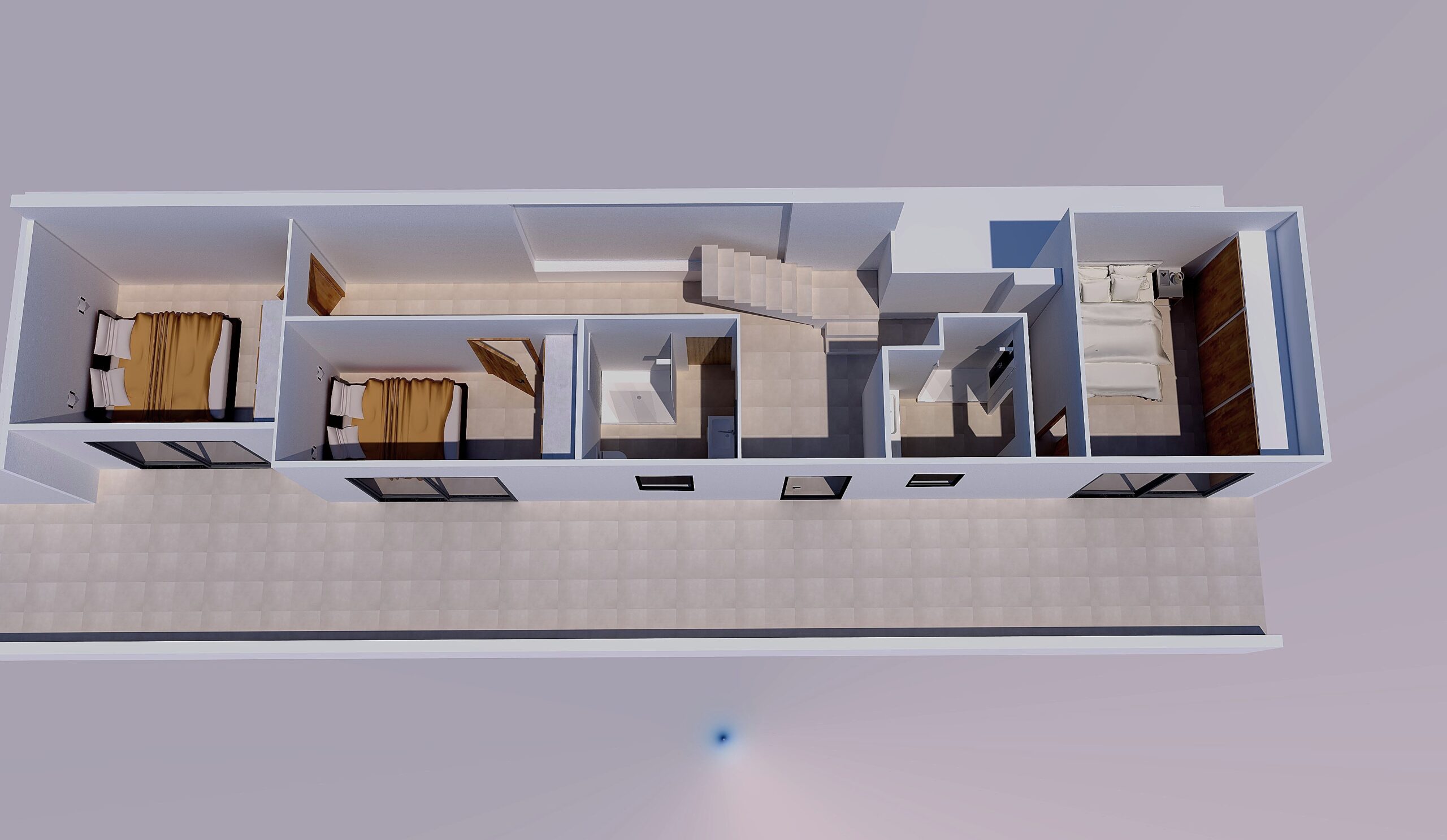 3D floor plan of the lower level featuring three bedrooms with fitted wardrobes, two bathrooms, and a long terrace connected via sliding glass doors.