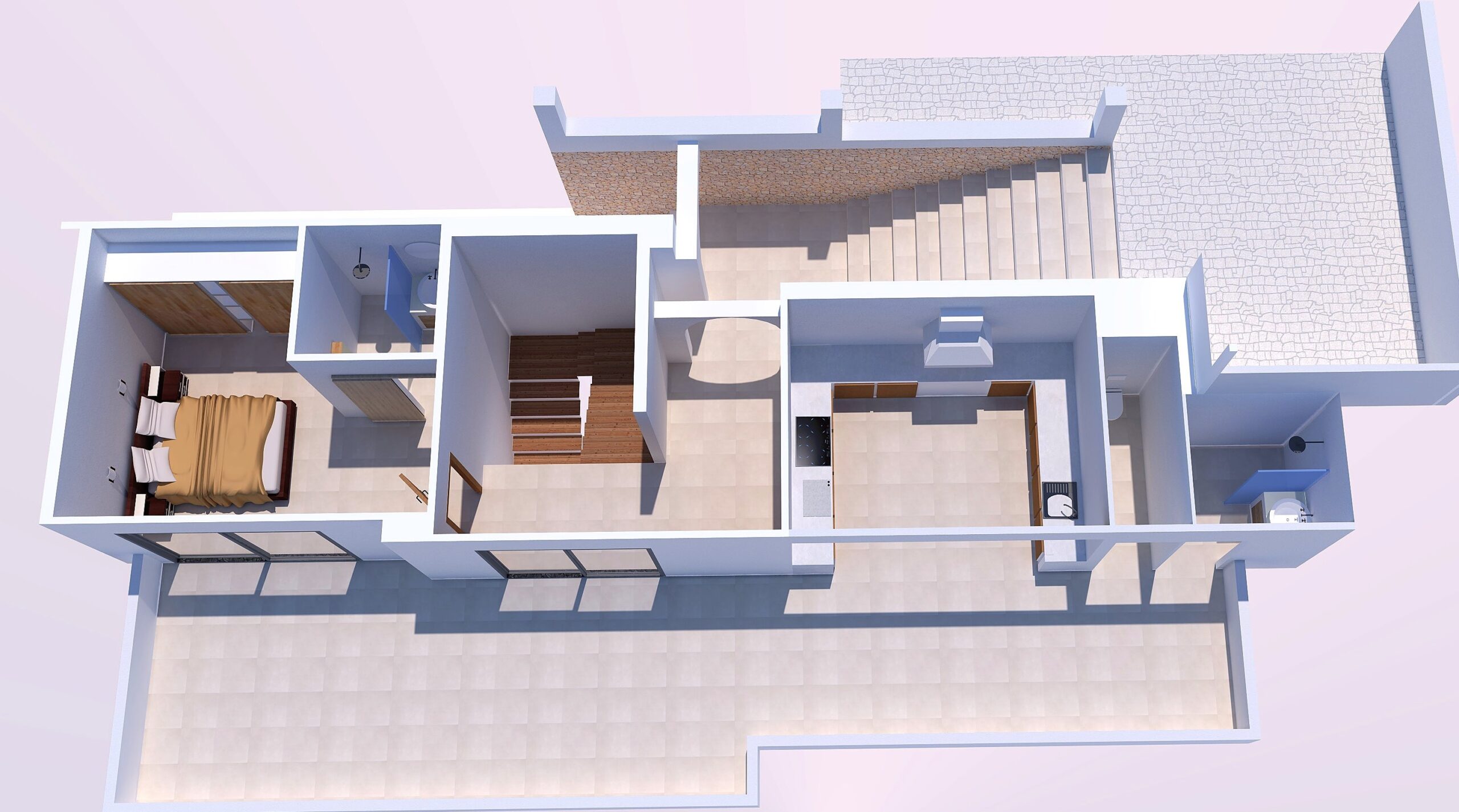 3D floor plan of the upper level featuring a bedroom with wooden wardrobes, en-suite bathroom, outdoor kitchen, and a large south-facing terrace.