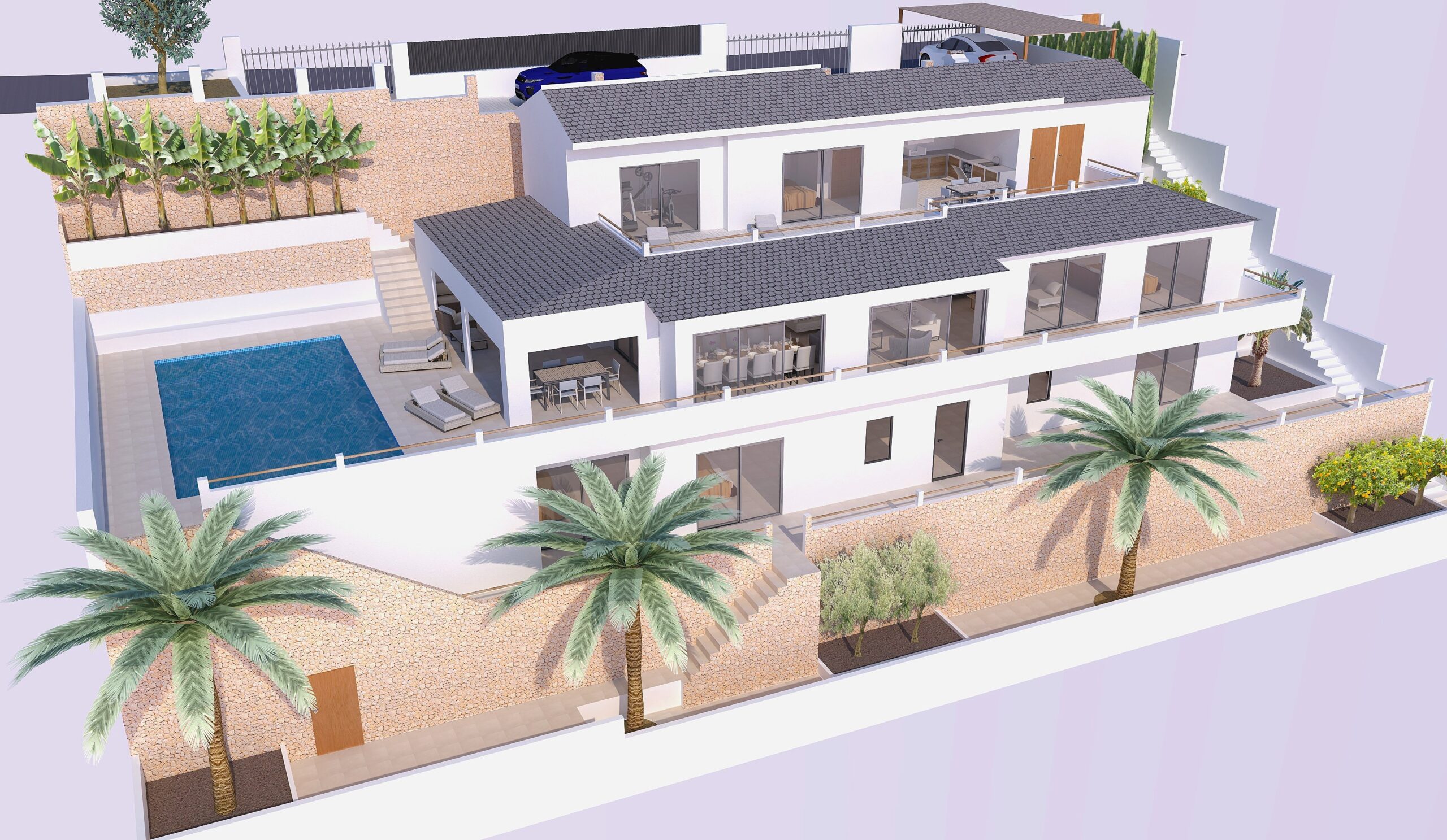Aerial rendering of the three-level villa featuring white facades, natural stone walls, a private pool, and extensive south-facing terraces in La Corona.