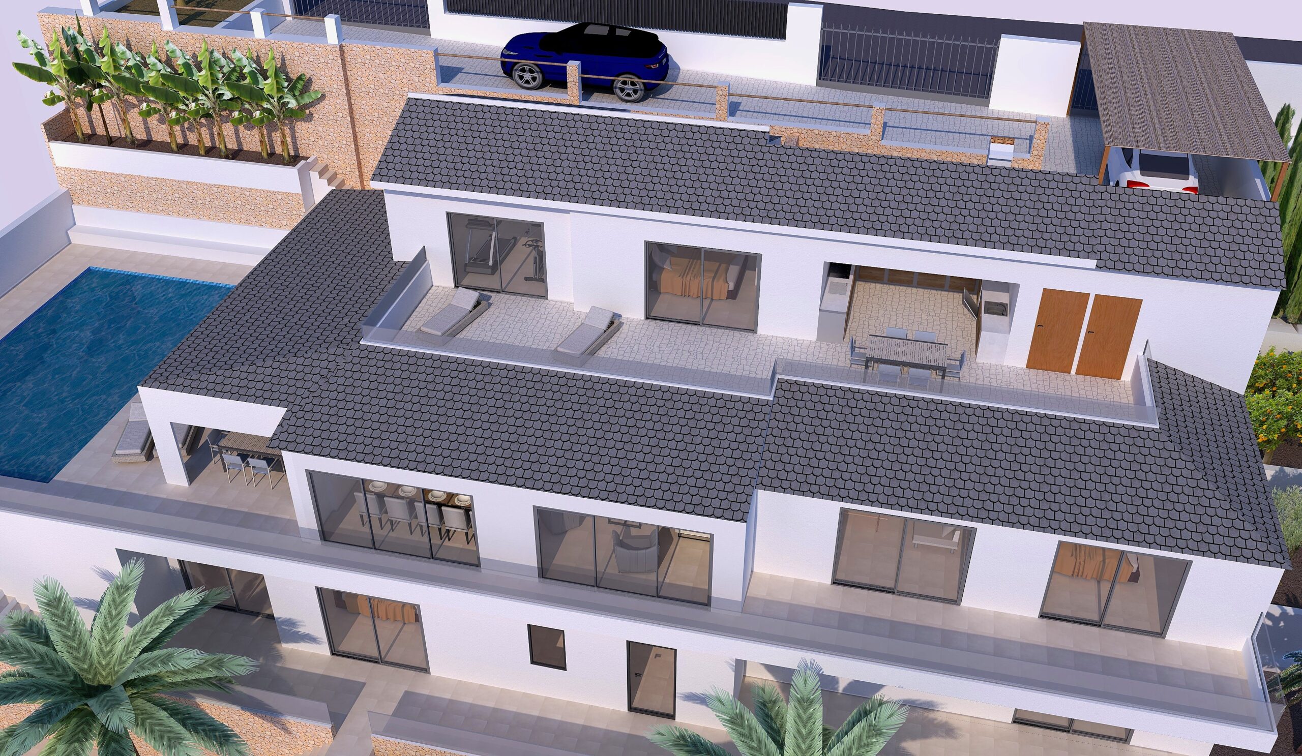 Aerial view of the renovated villa featuring tiered architecture, grey tiled roofs, expansive terraces with glass railings, and a lateral swimming pool area.