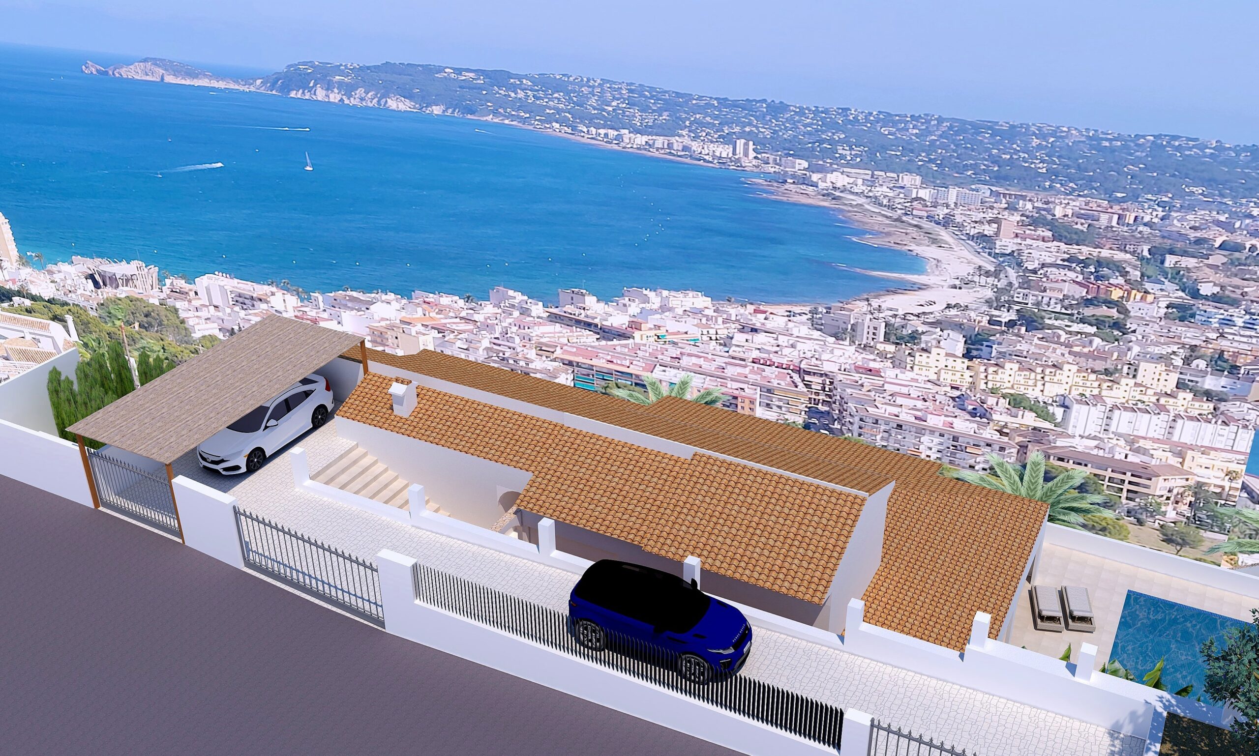 Elevated view of the street-level entrance featuring a carport, secure gating, and panoramic vistas over the bay and port of Jávea.