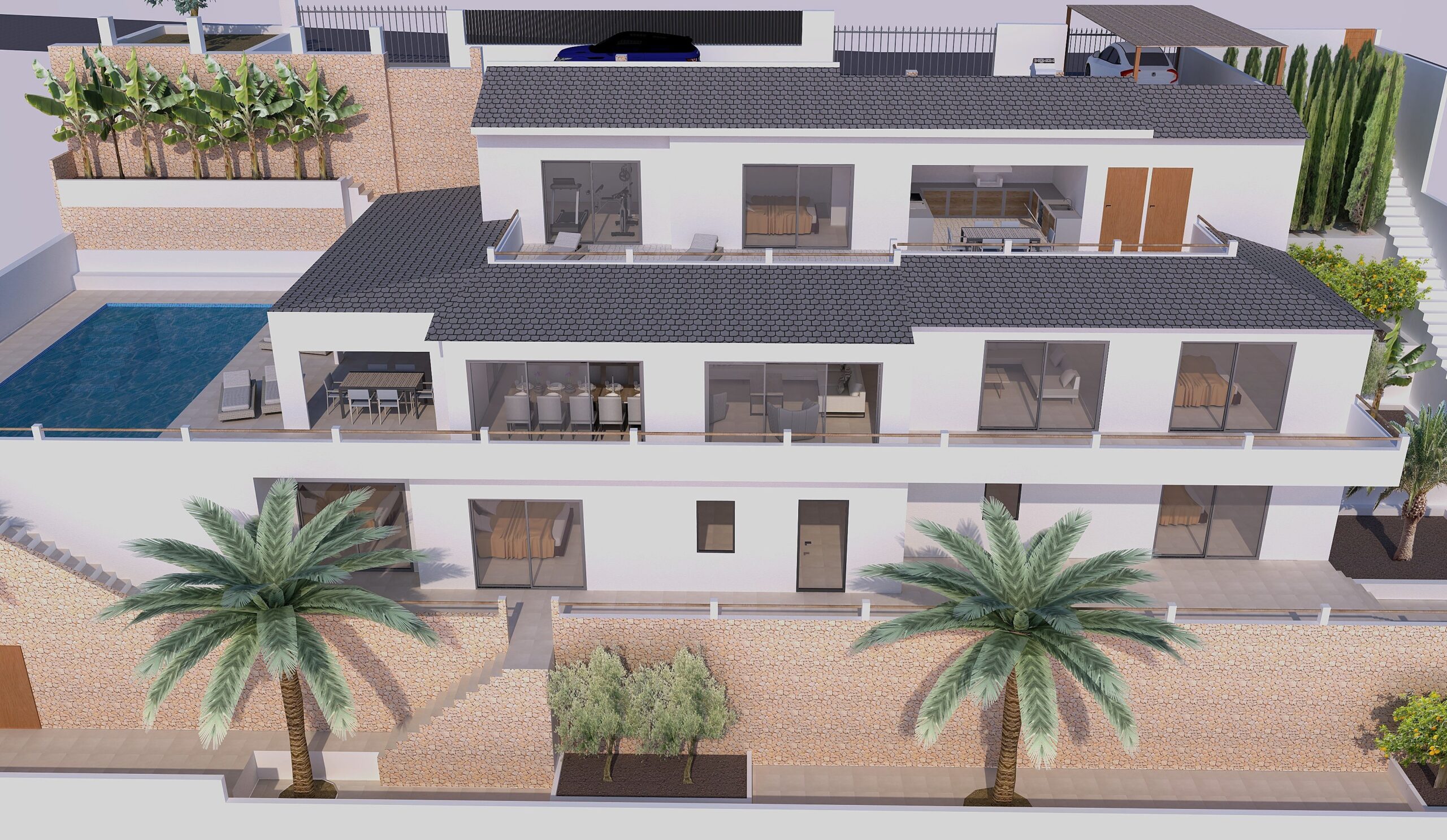 Exterior perspective of the three-level villa, featuring expansive terraces with glass railings, a lateral swimming pool, and natural stone retaining walls.