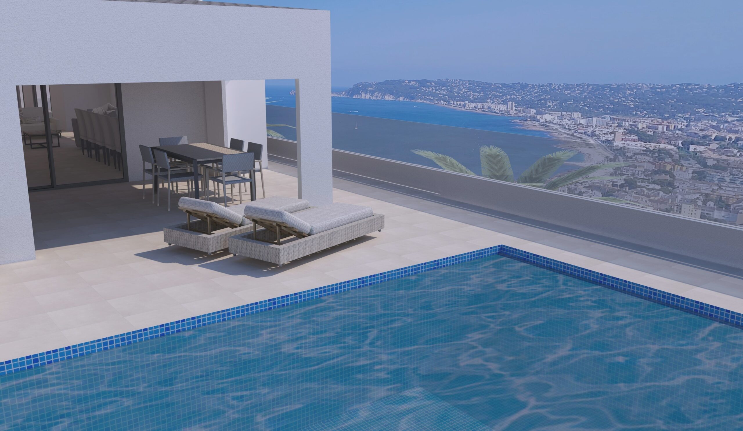 Main terrace featuring an infinity pool, covered outdoor dining area, and panoramic views overlooking the bay and port of Jávea.