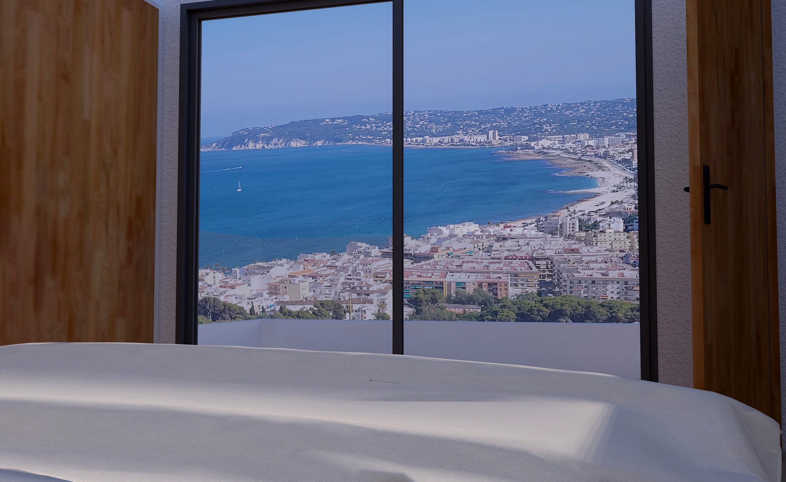 Panoramic views of Jávea bay from the bedroom, featuring floor-to-ceiling windows with black frames and natural wood wall paneling.